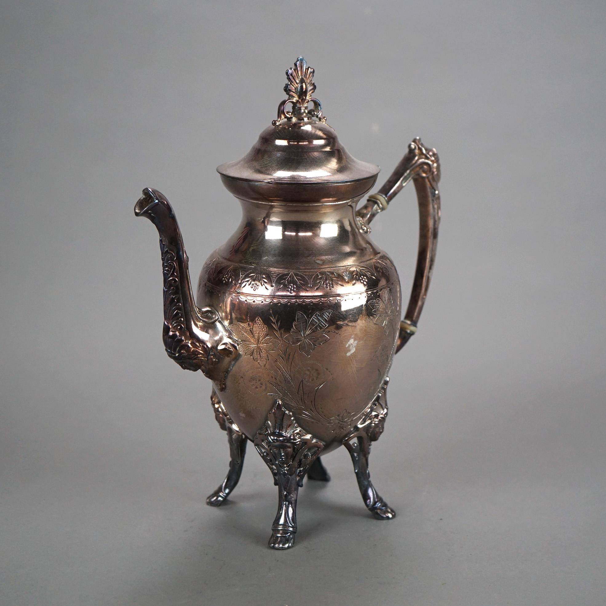 Antique Silver Plated Footed & Figural Teapot with Foliate Engraving C1890 1