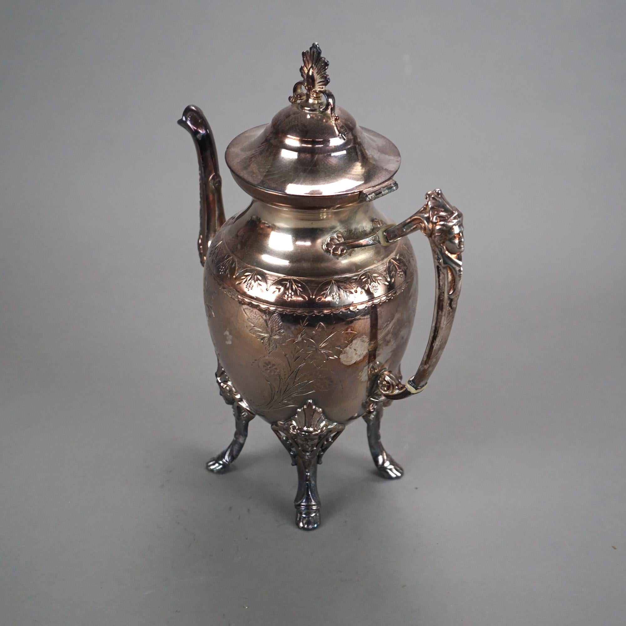 Antique Silver Plated Footed & Figural Teapot with Foliate Engraving C1890 3