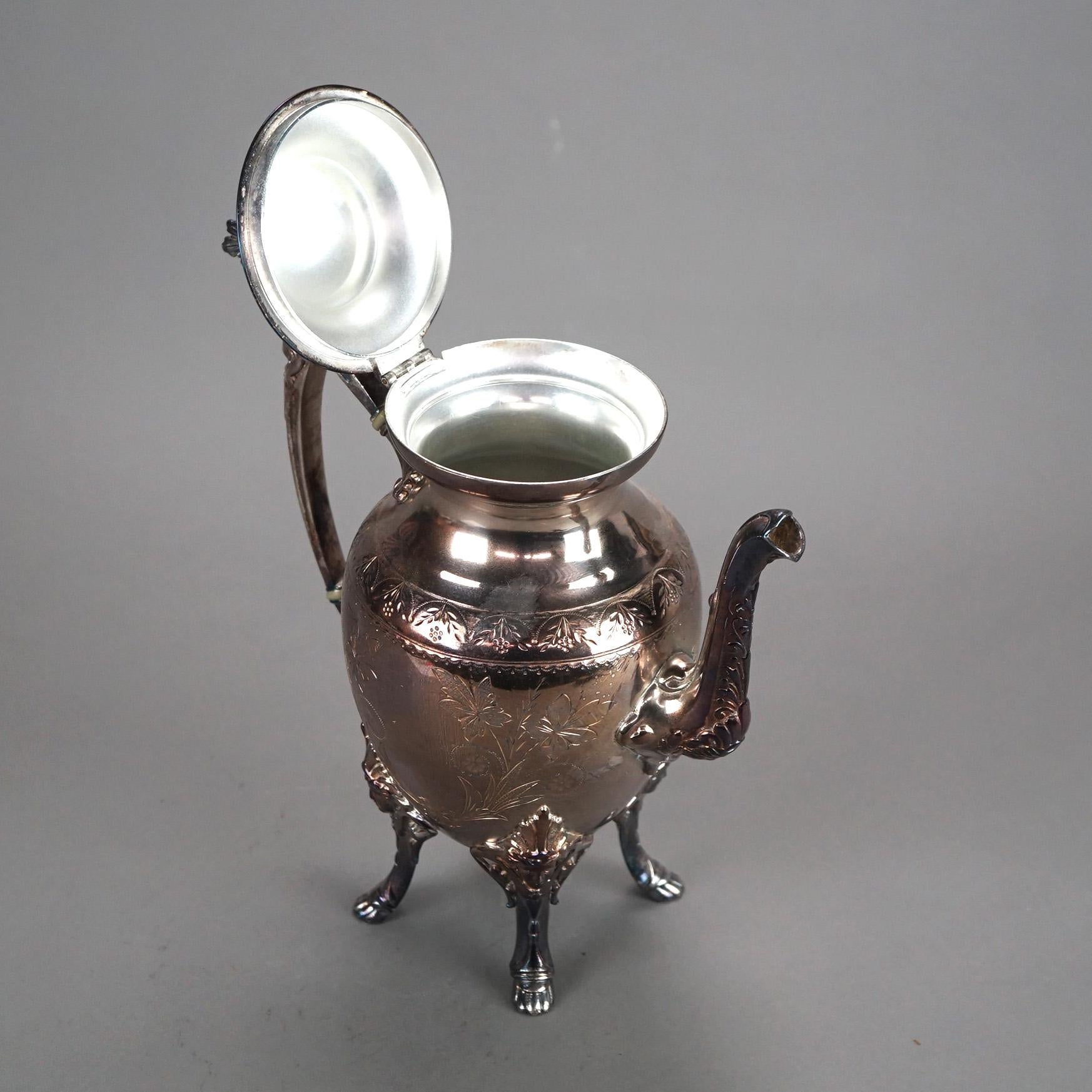 Antique Silver Plated Footed & Figural Teapot with Foliate Engraving C1890 5