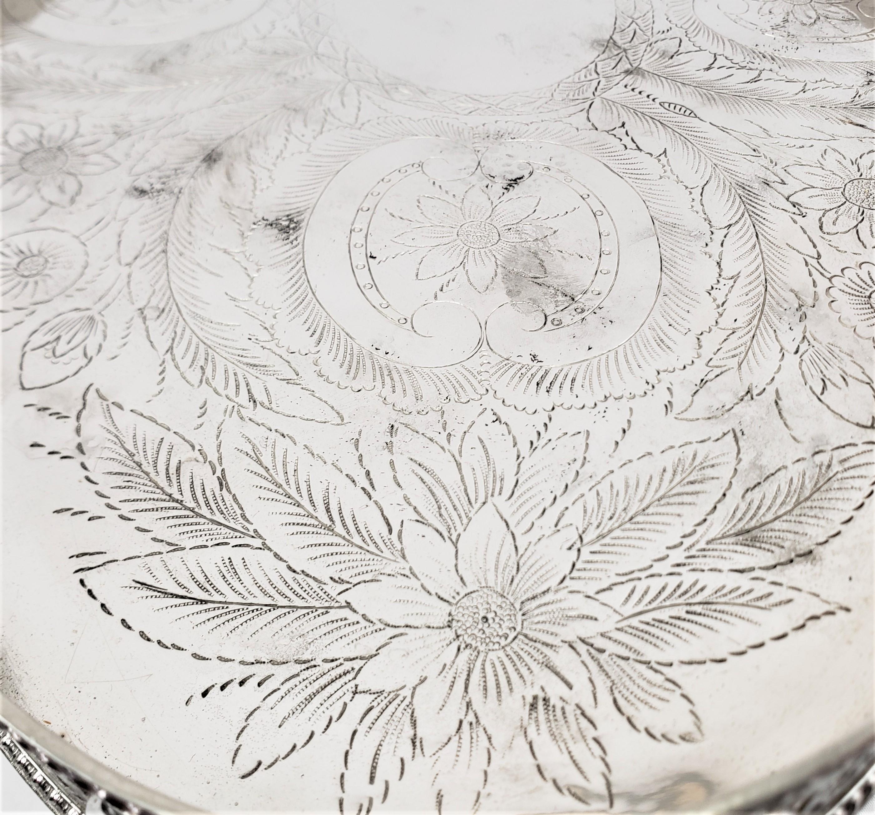 Antique Silver Plated Footed Gallery Serving Tray with Floral Engraving For Sale 4