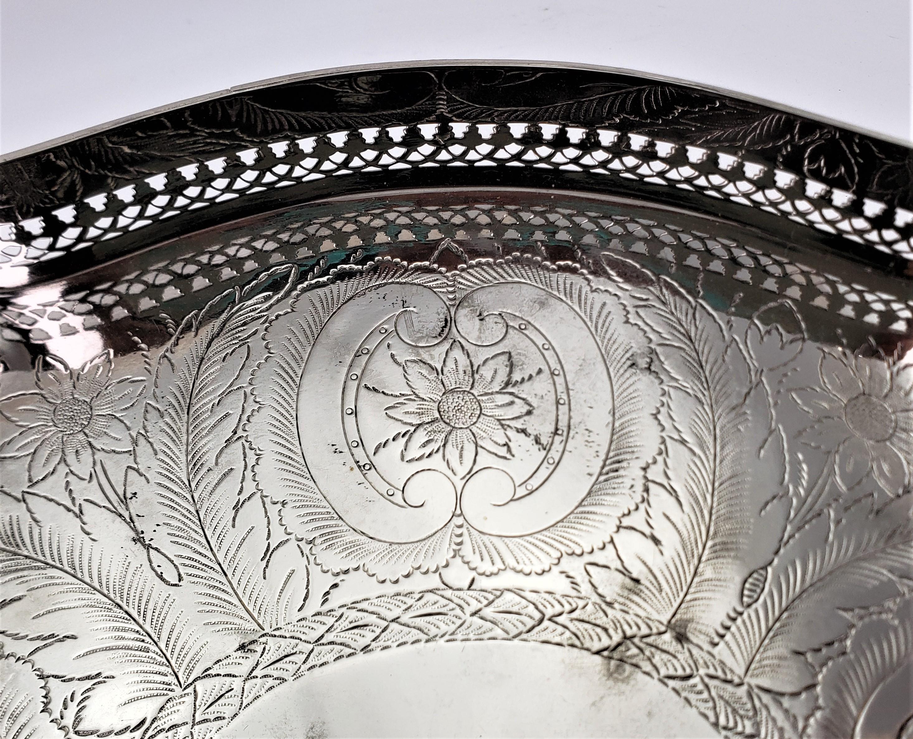 Antique Silver Plated Footed Gallery Serving Tray with Floral Engraving For Sale 5