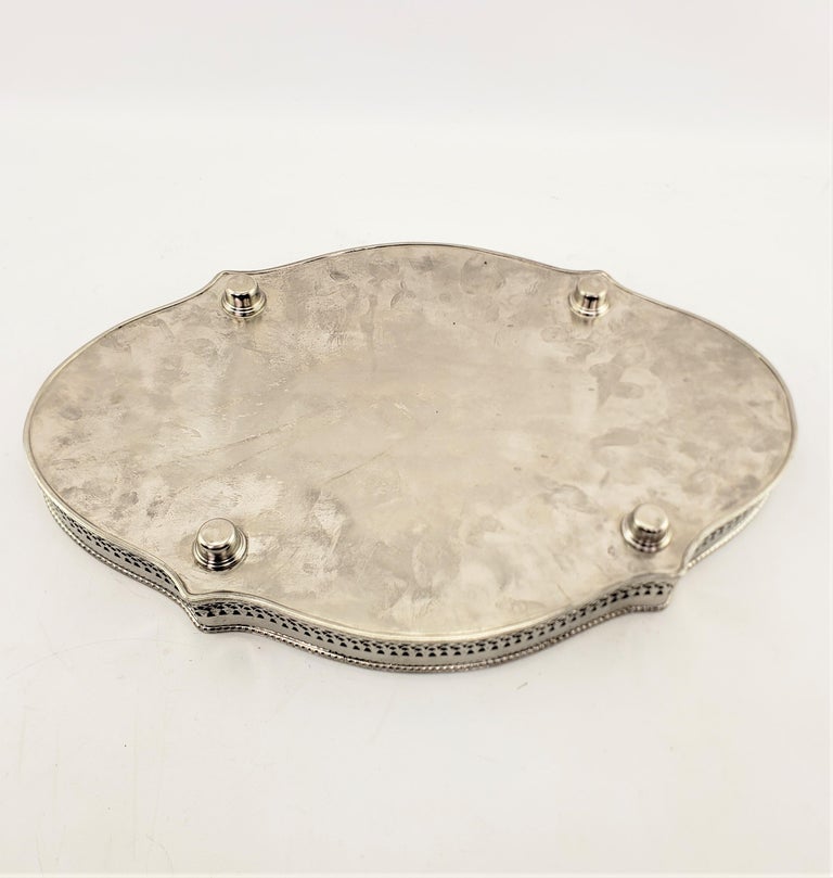 Antique Silver Plated Footed Gallery Serving Tray with Floral Engraving For Sale at 1stDibs