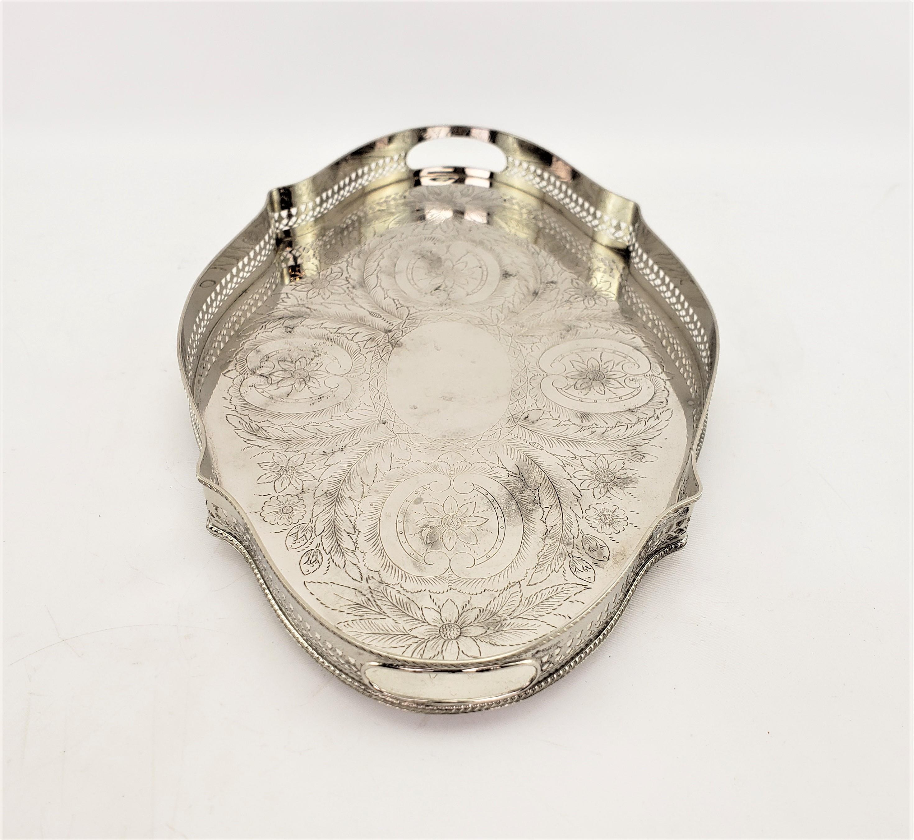 Machine-Made Antique Silver Plated Footed Gallery Serving Tray with Floral Engraving For Sale