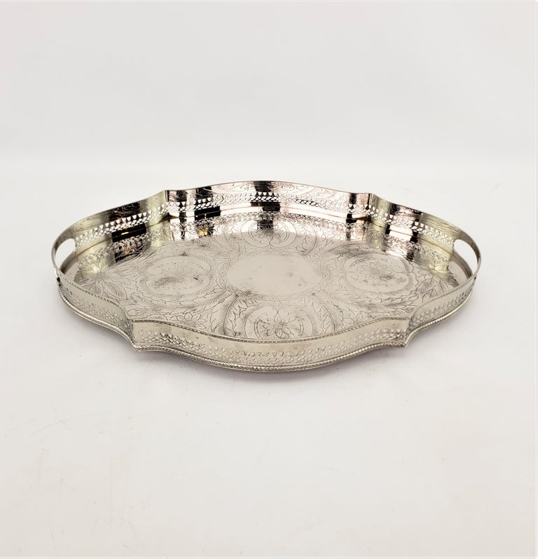 Antique Silver Plated Footed Gallery Serving Tray with Floral Engraving For Sale at 1stDibs