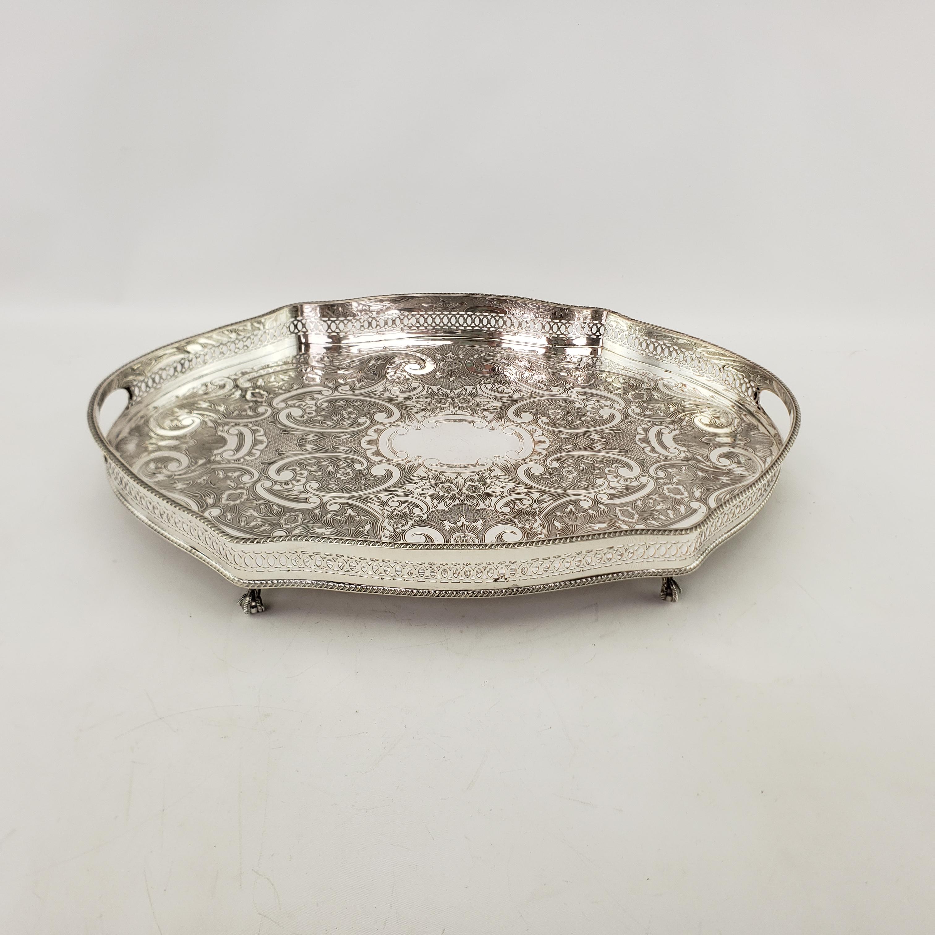 Victorian Antique Silver Plated Footed Gallery Serving Tray with Ornate Floral Engraving
