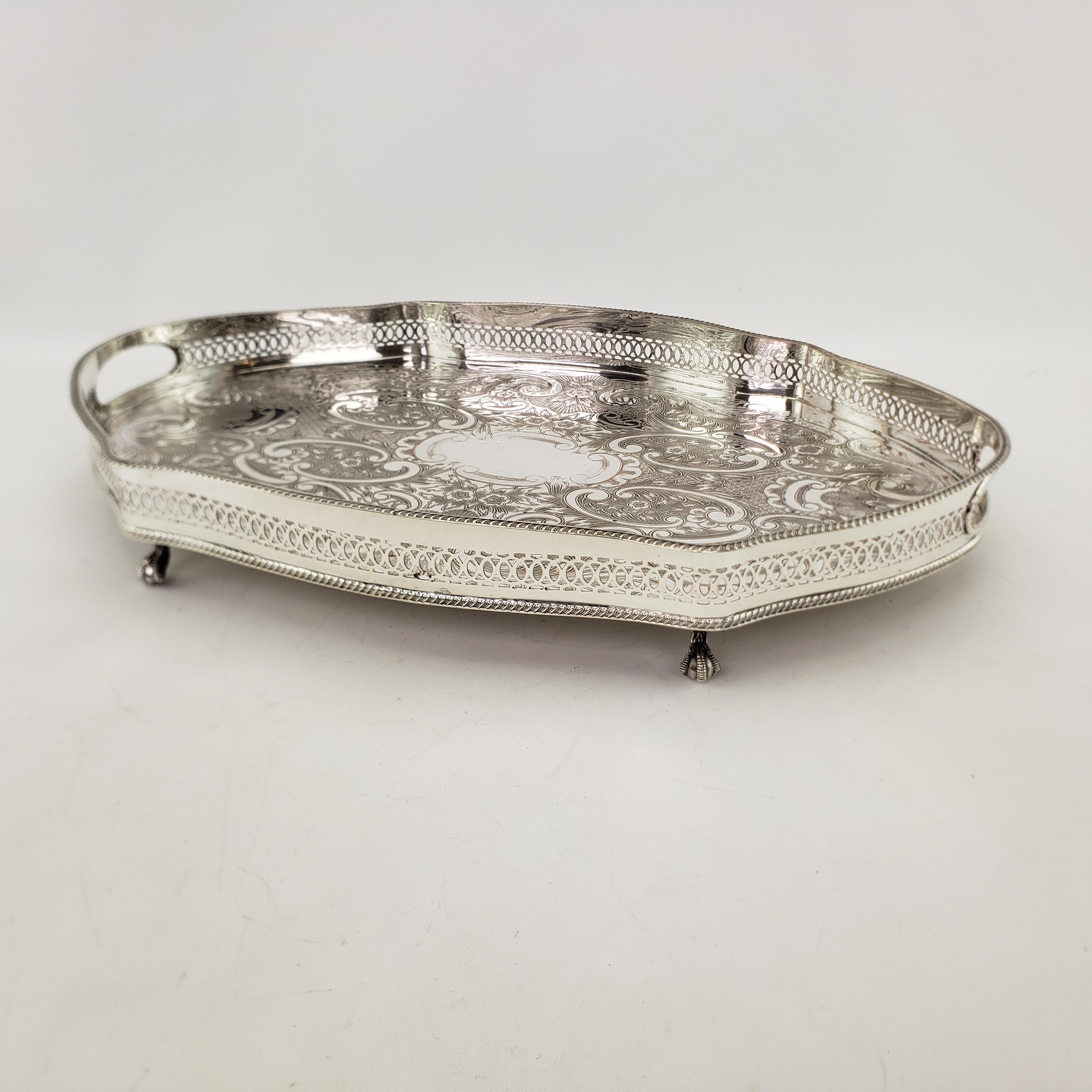 Machine-Made Antique Silver Plated Footed Gallery Serving Tray with Ornate Floral Engraving