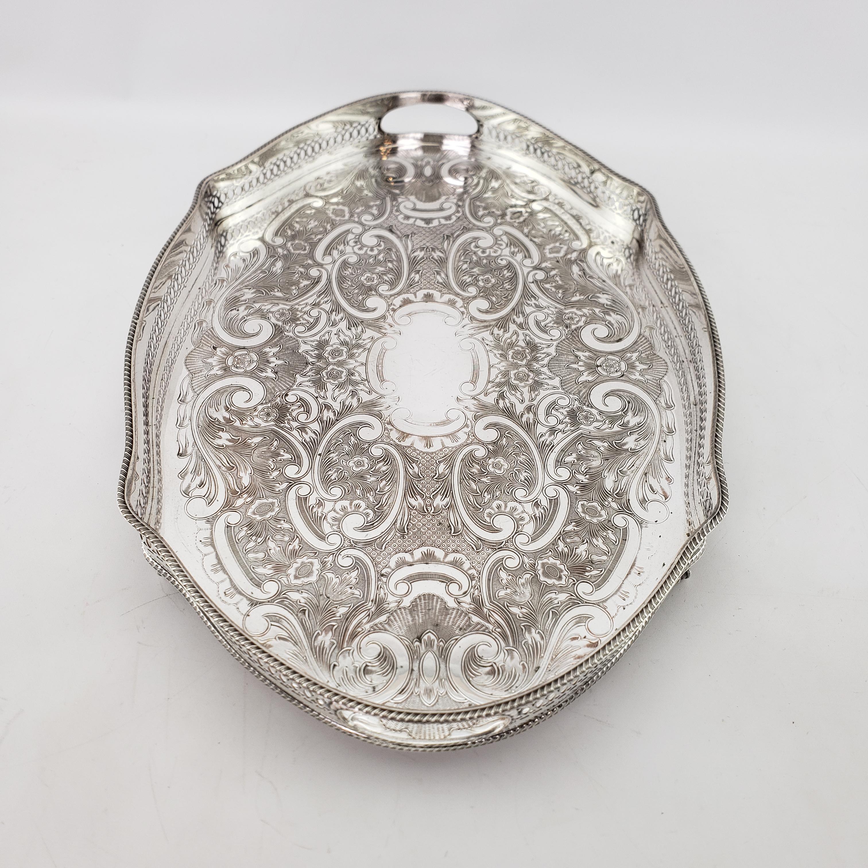Antique Silver Plated Footed Gallery Serving Tray with Ornate Floral Engraving In Good Condition In Hamilton, Ontario