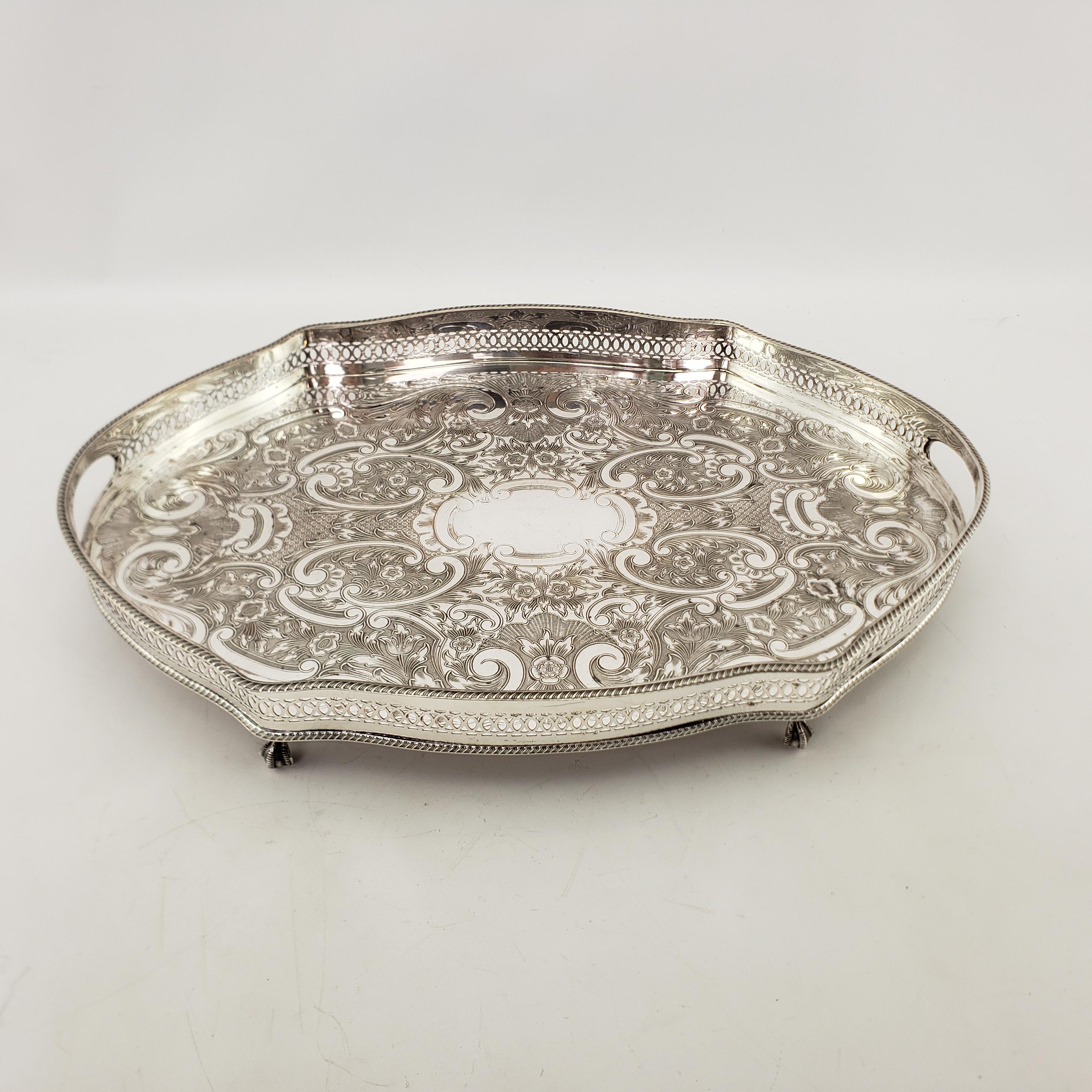 20th Century Antique Silver Plated Footed Gallery Serving Tray with Ornate Floral Engraving