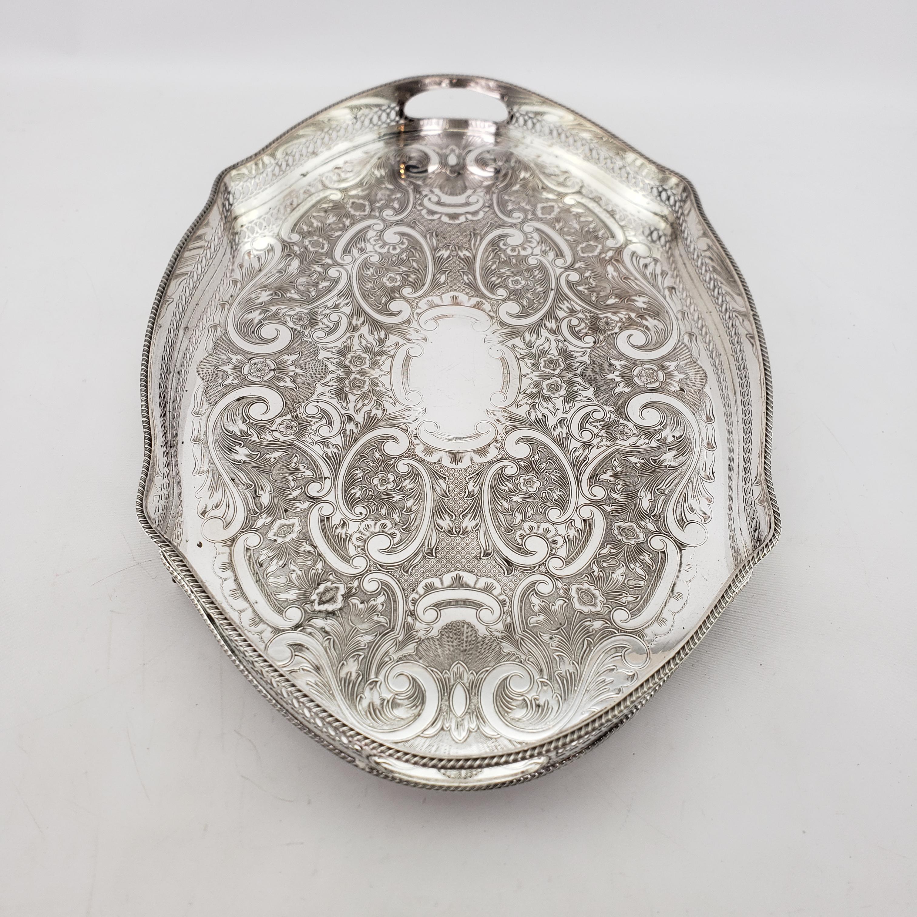 Antique Silver Plated Footed Gallery Serving Tray with Ornate Floral Engraving 1