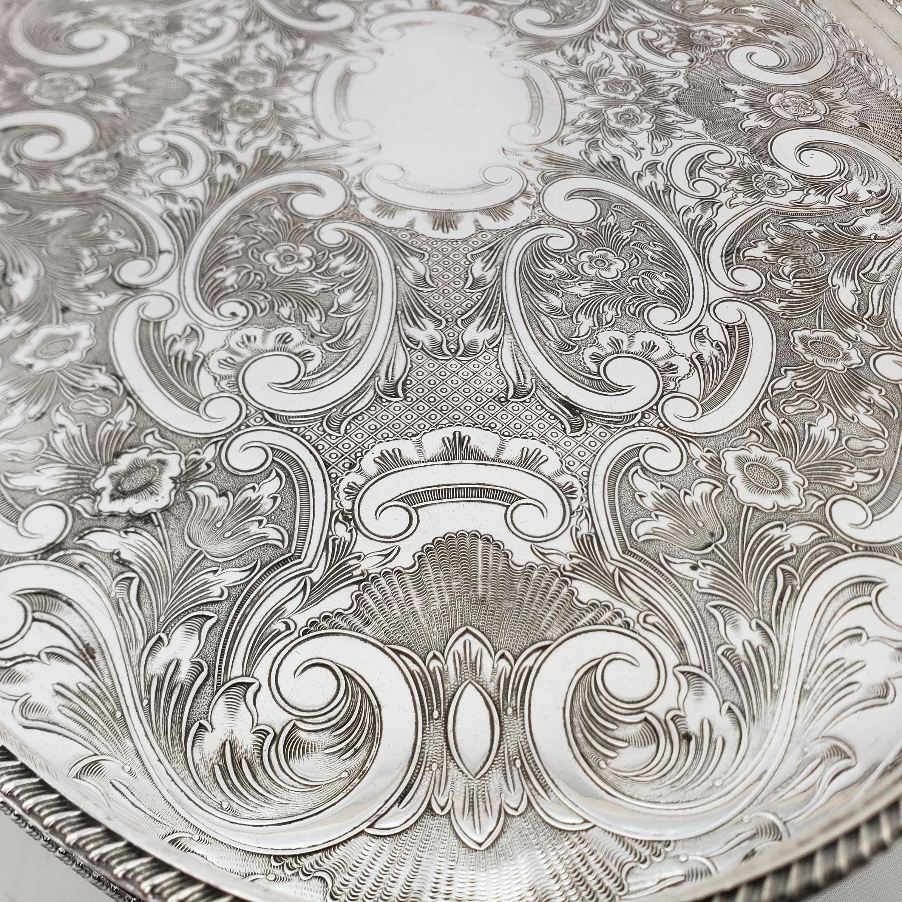 Antique Silver Plated Footed Gallery Serving Tray with Ornate Floral Engraving 2