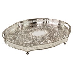 Antique Silver Plated Footed Gallery Serving Tray with Ornate Floral Engraving