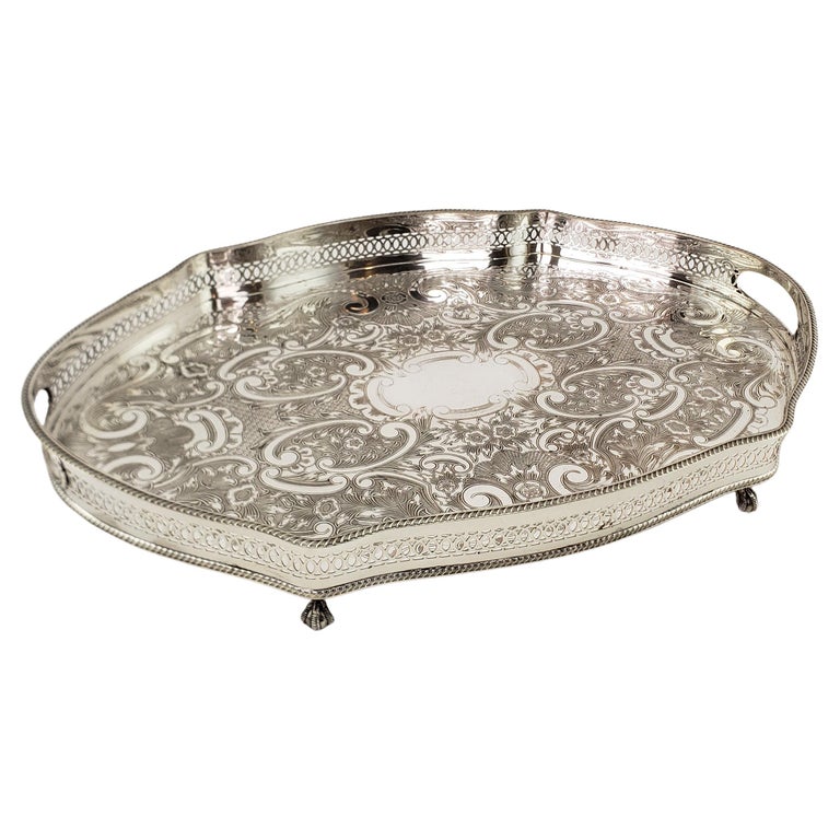 Antique Silver Plated Footed Gallery Serving Tray with Ornate Floral Engraving For Sale at 1stDibs