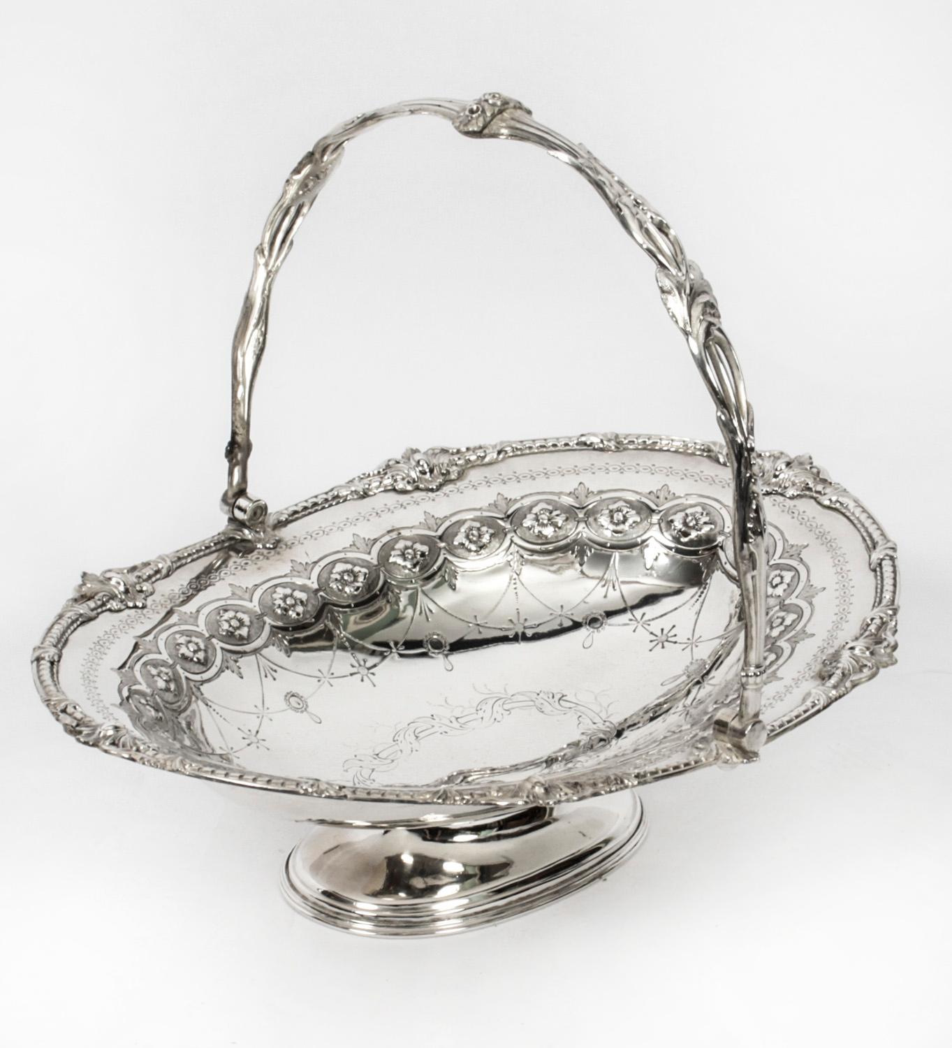 This is a stunning English Victorian silver plated fruit or bread basket by Henry Atkins & Co , circa 1880 in date.

The oval shaped body features a beaded boarder with fabulous engraved and embossed foliate and floral and decoration.
 
Add an