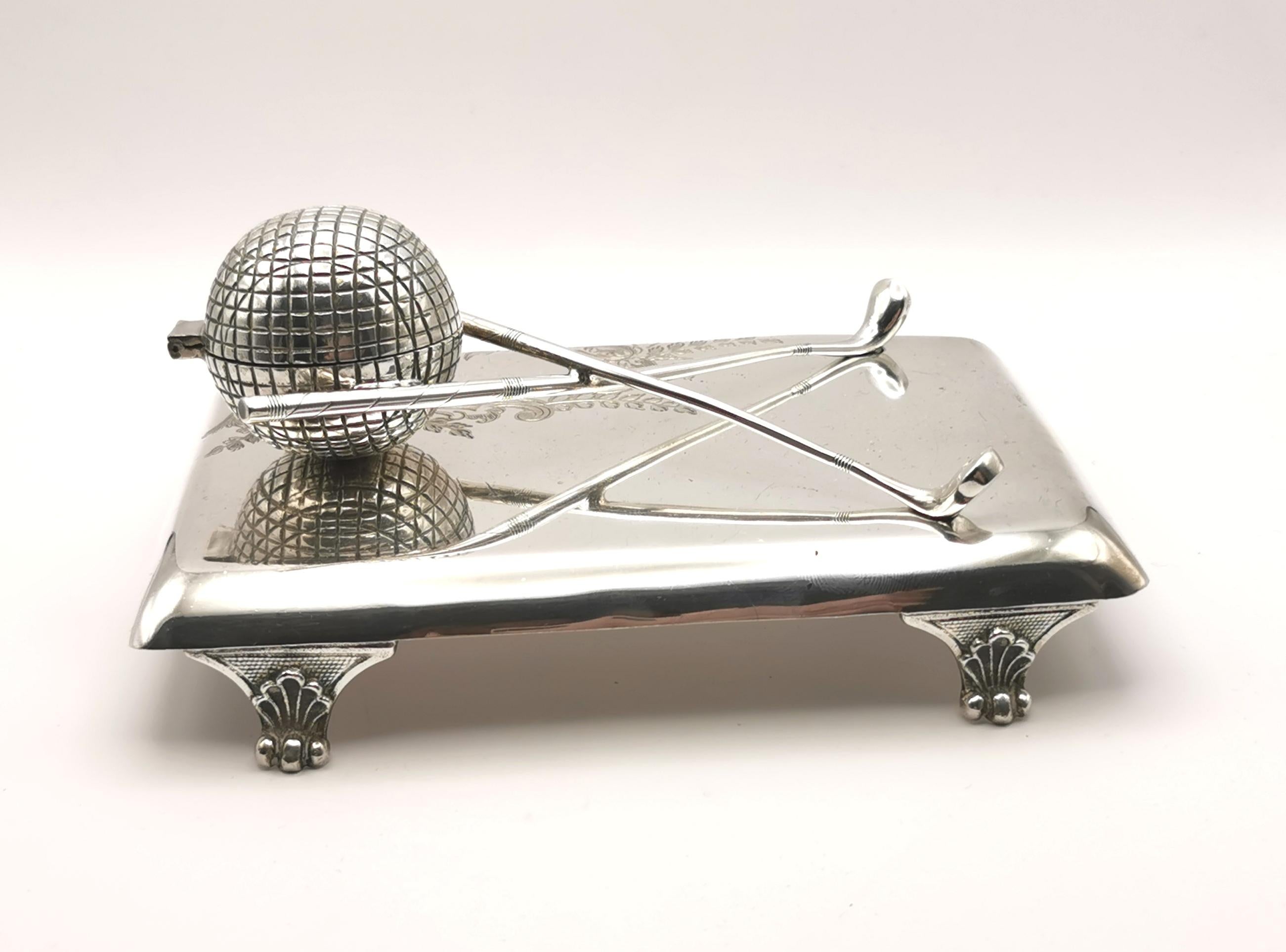 Antique silver plated golf inkstand, golfing inkwell  1