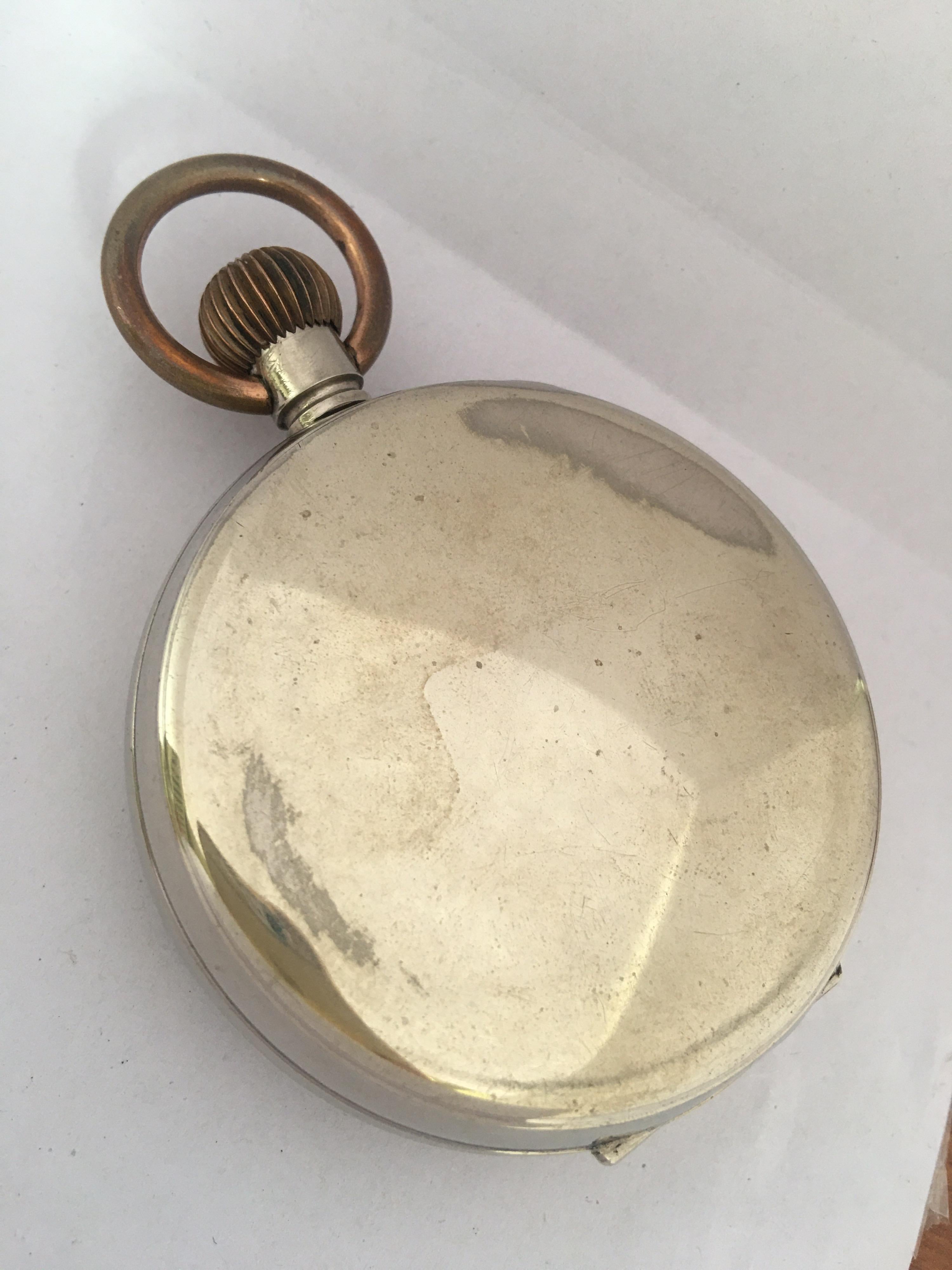 This beautiful antique 64mm diameter (excluding the crown) Hand winding silver plated pocket watch is in good working condition and it is running well. Visible signs of ageing and wear with light marks on the glass and on the watch case. Visible