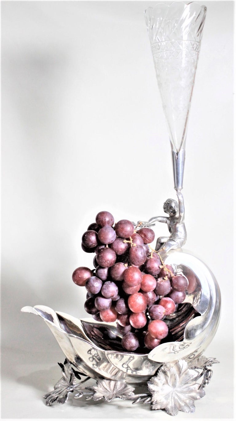 Antique Silver Plated Grape Stand Centerpiece with Child and Etched Glass Eperne For Sale at