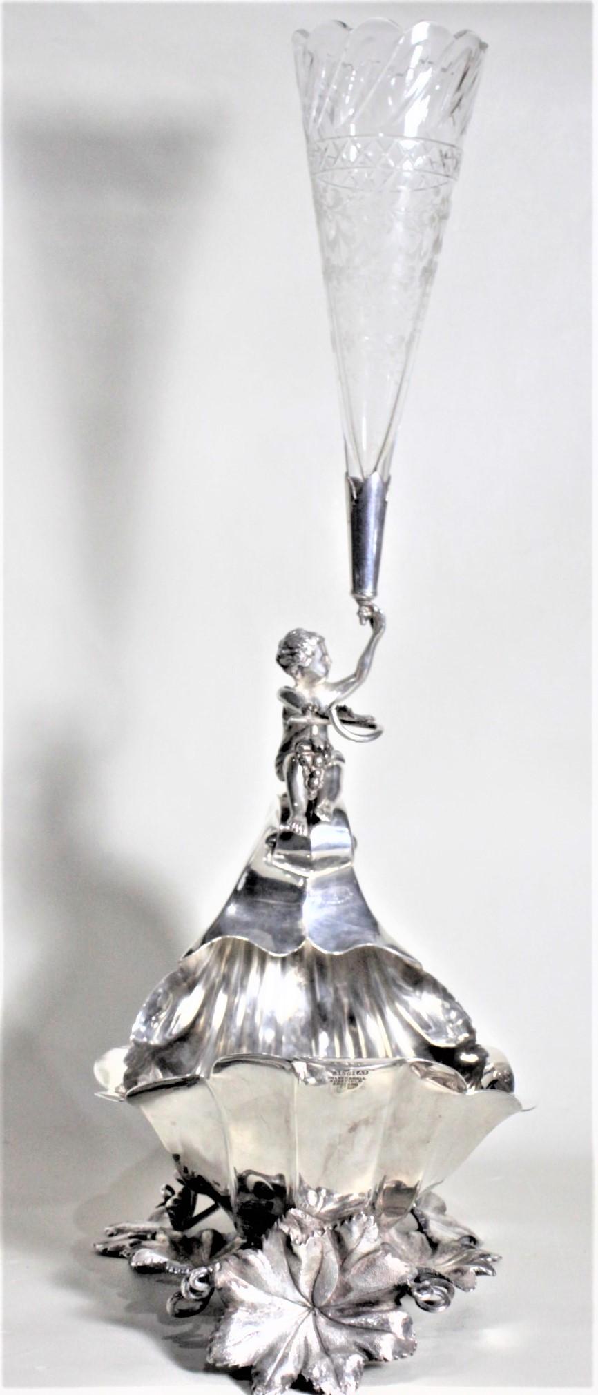 19th Century Antique Silver Plated Grape Stand Centerpiece with Child and Etched Glass Eperne For Sale