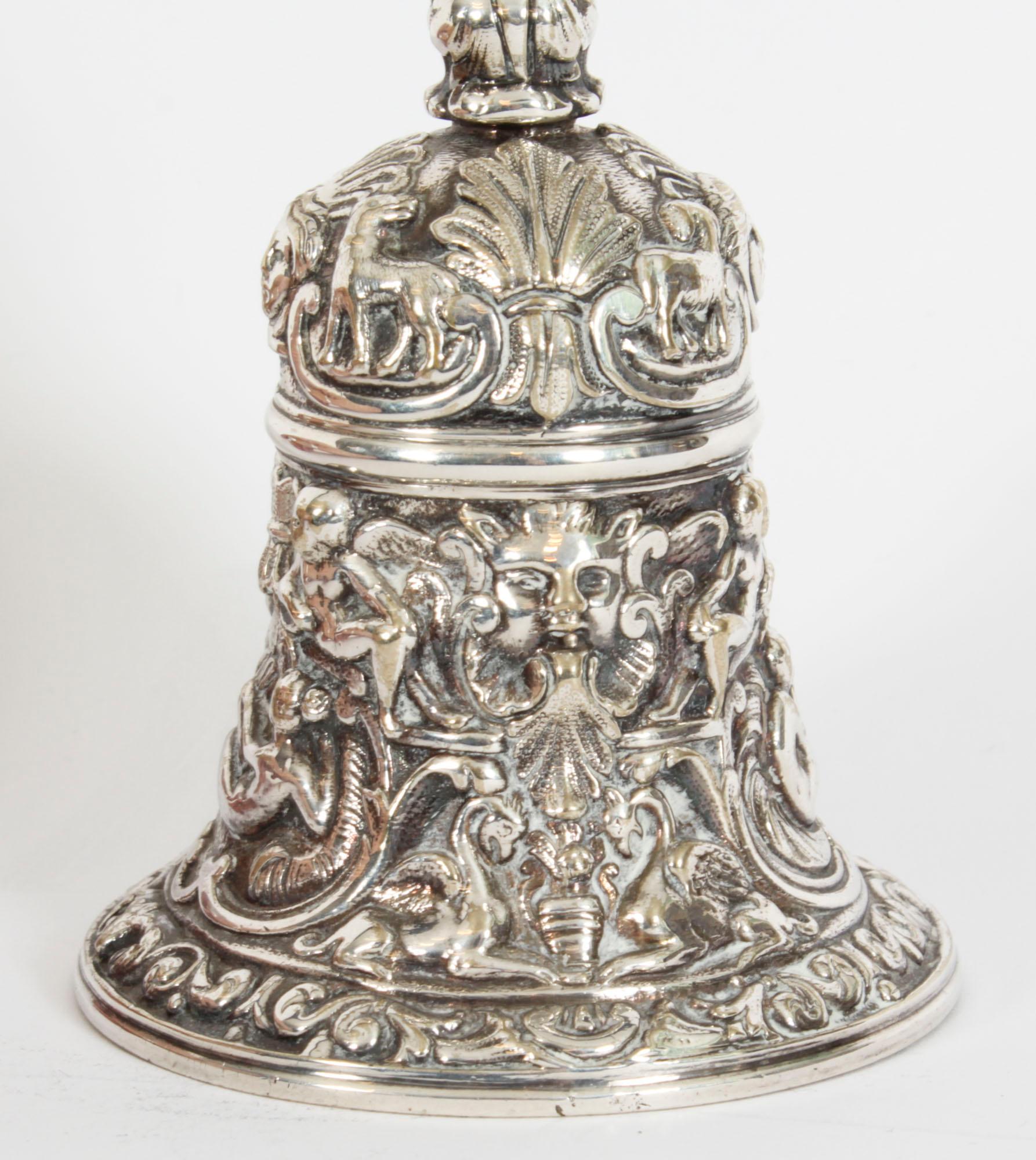 Antique Silver Plated Hand Bell Renaissance Revival 19th Century 5