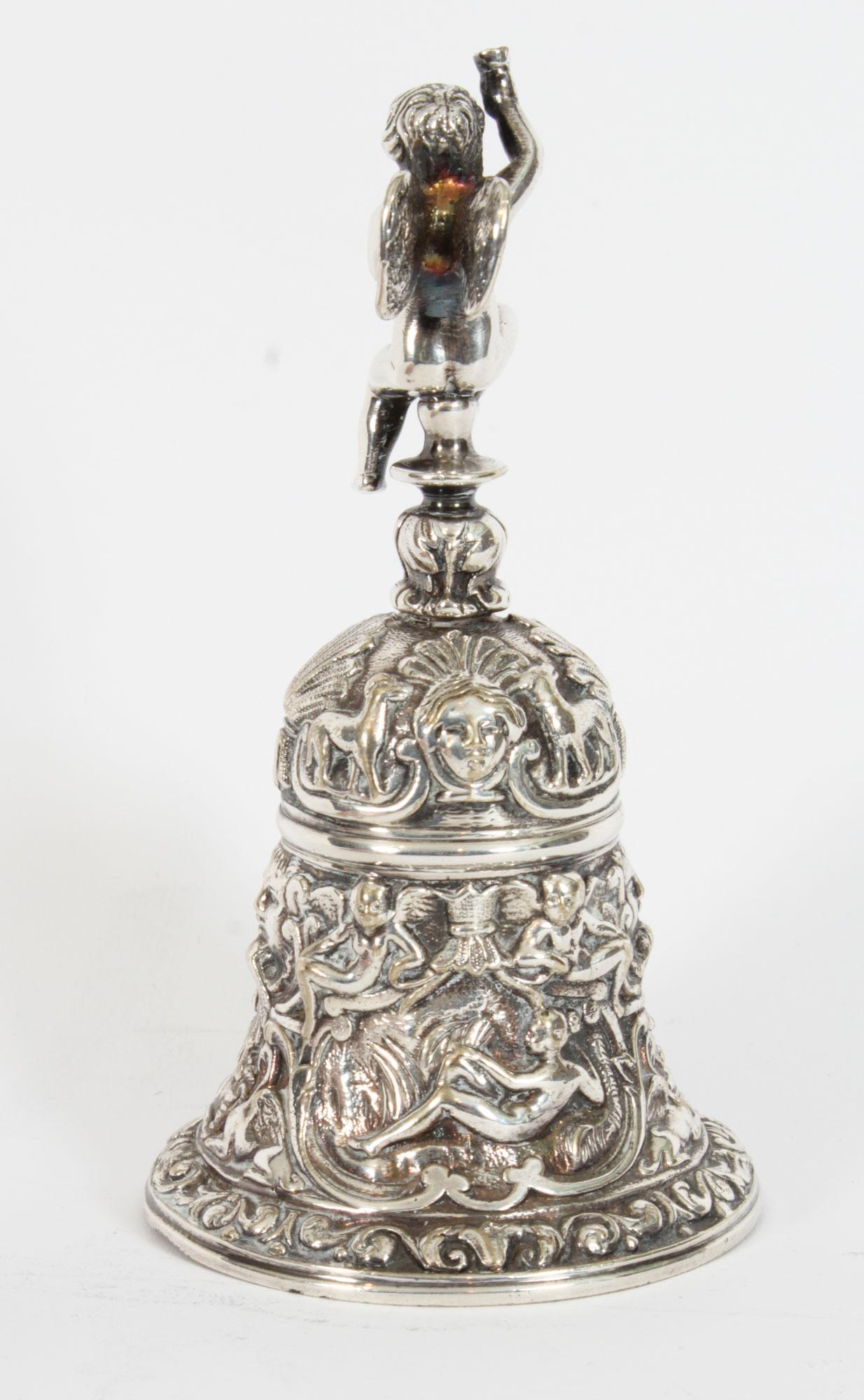 Antique Silver Plated Hand Bell Renaissance Revival 19th Century 7