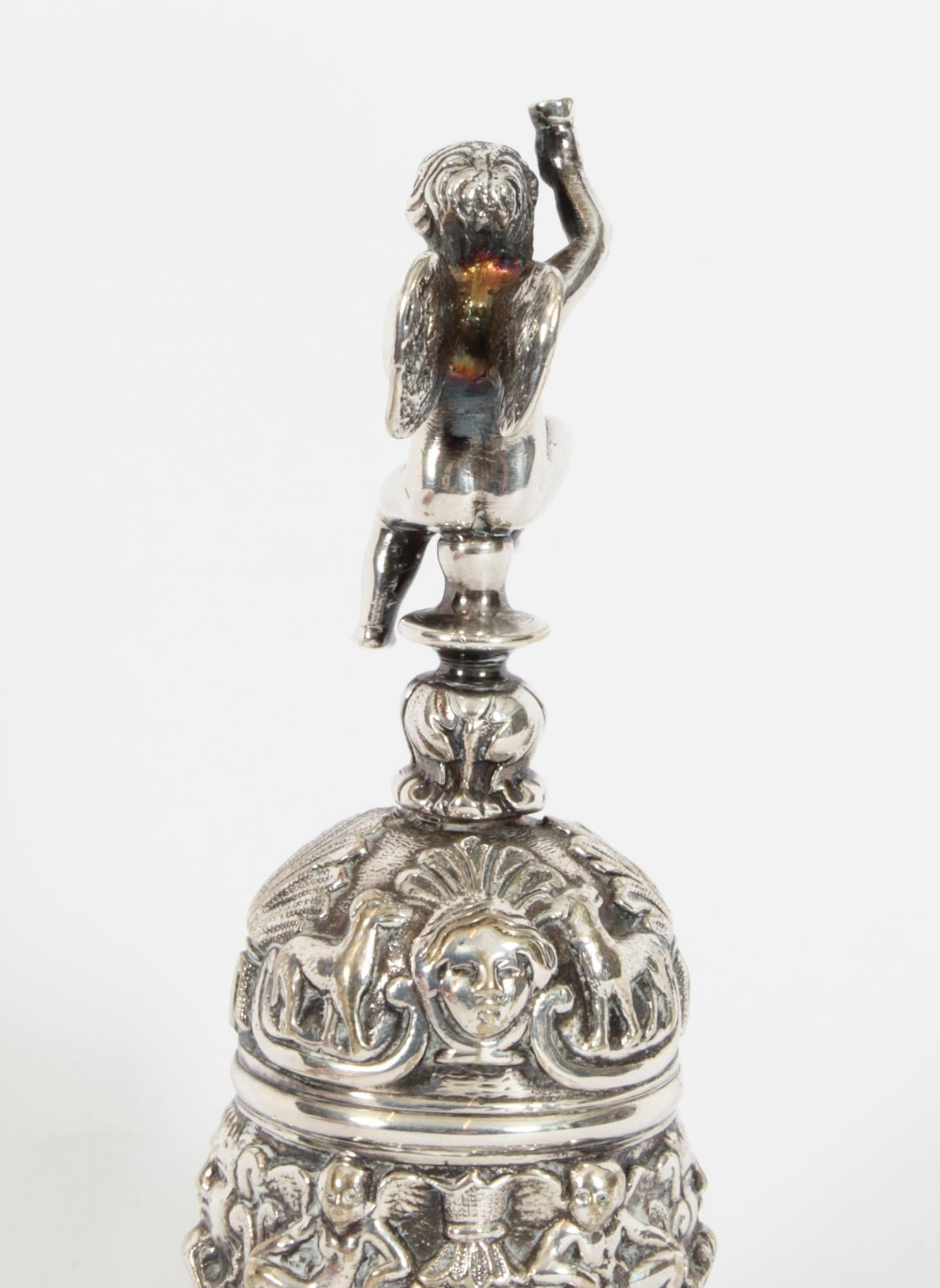 Antique Silver Plated Hand Bell Renaissance Revival 19th Century 8