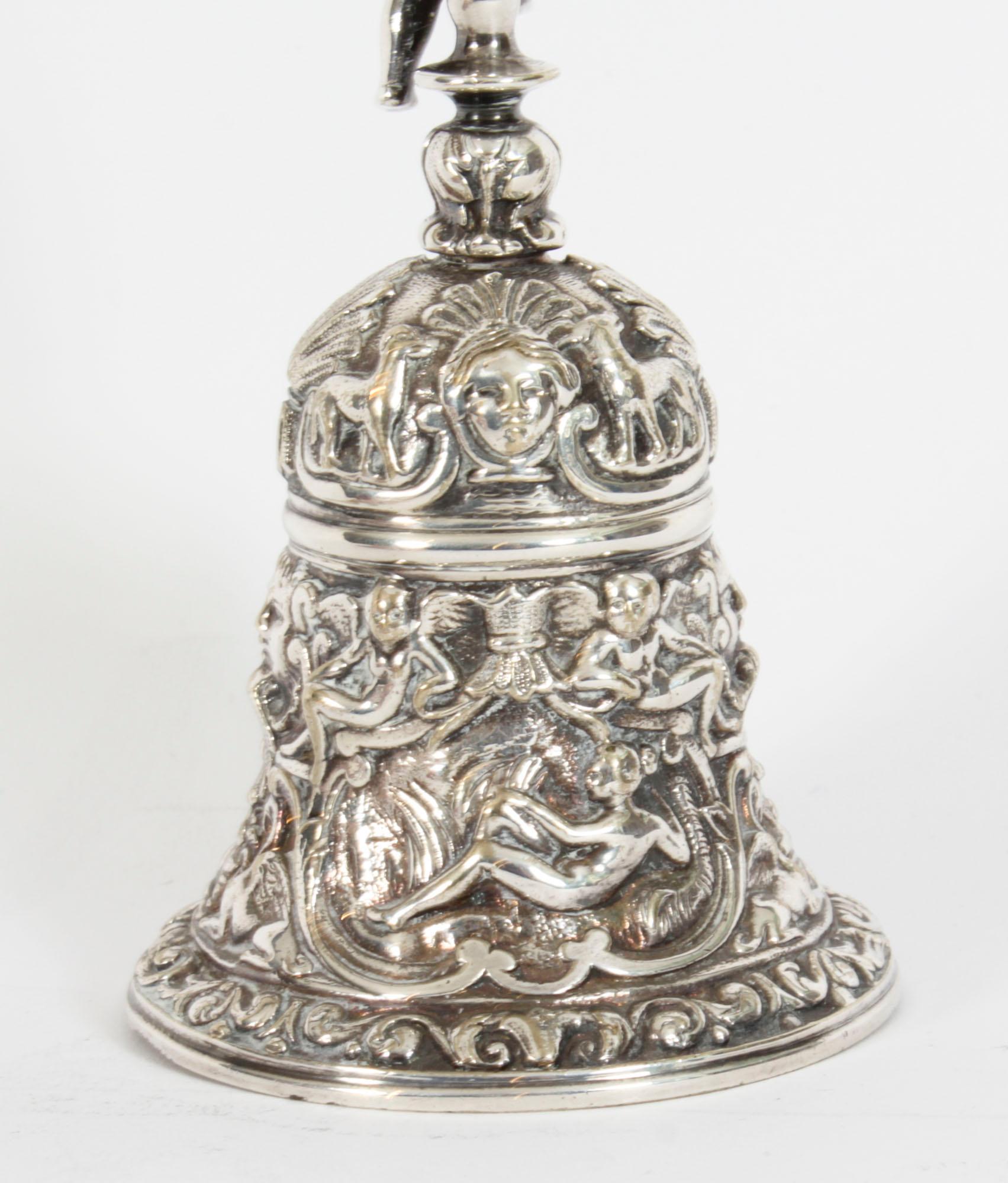Antique Silver Plated Hand Bell Renaissance Revival 19th Century 9