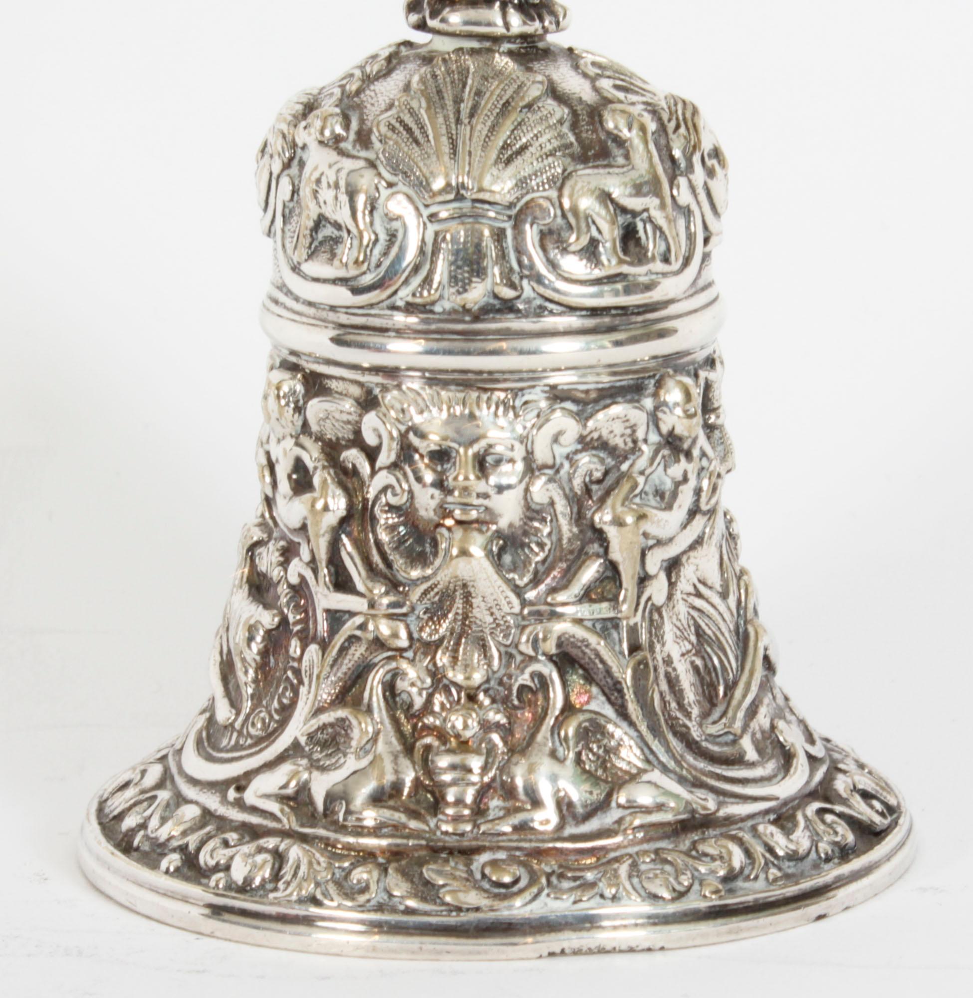 Antique Silver Plated Hand Bell Renaissance Revival 19th Century 12