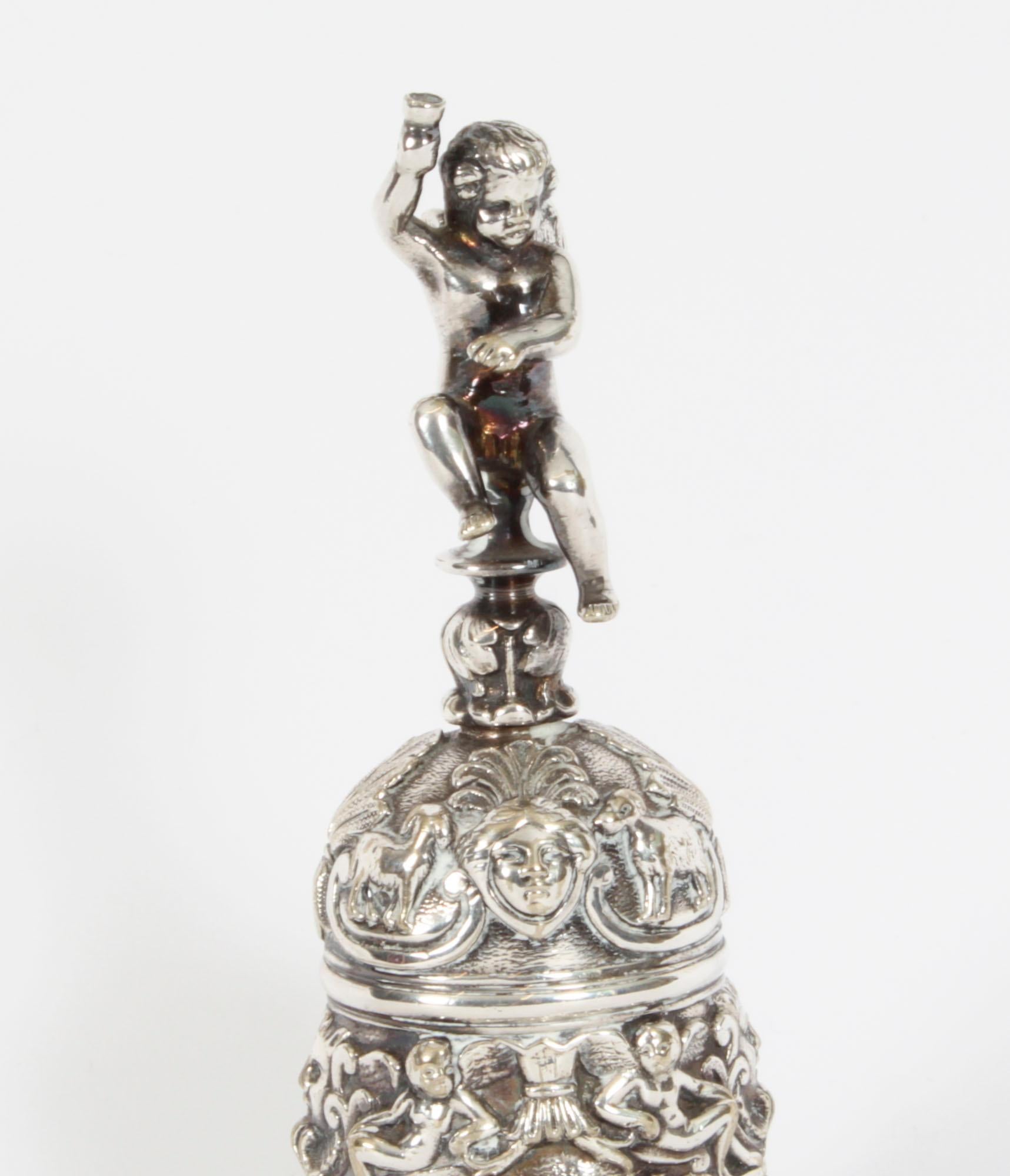 Antique Silver Plated Hand Bell Renaissance Revival 19th Century In Good Condition In London, GB