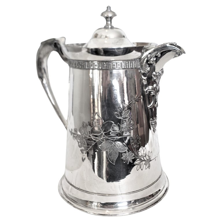 Antique Silver Plated Insulated Hot Water Pitcher with Leaf
