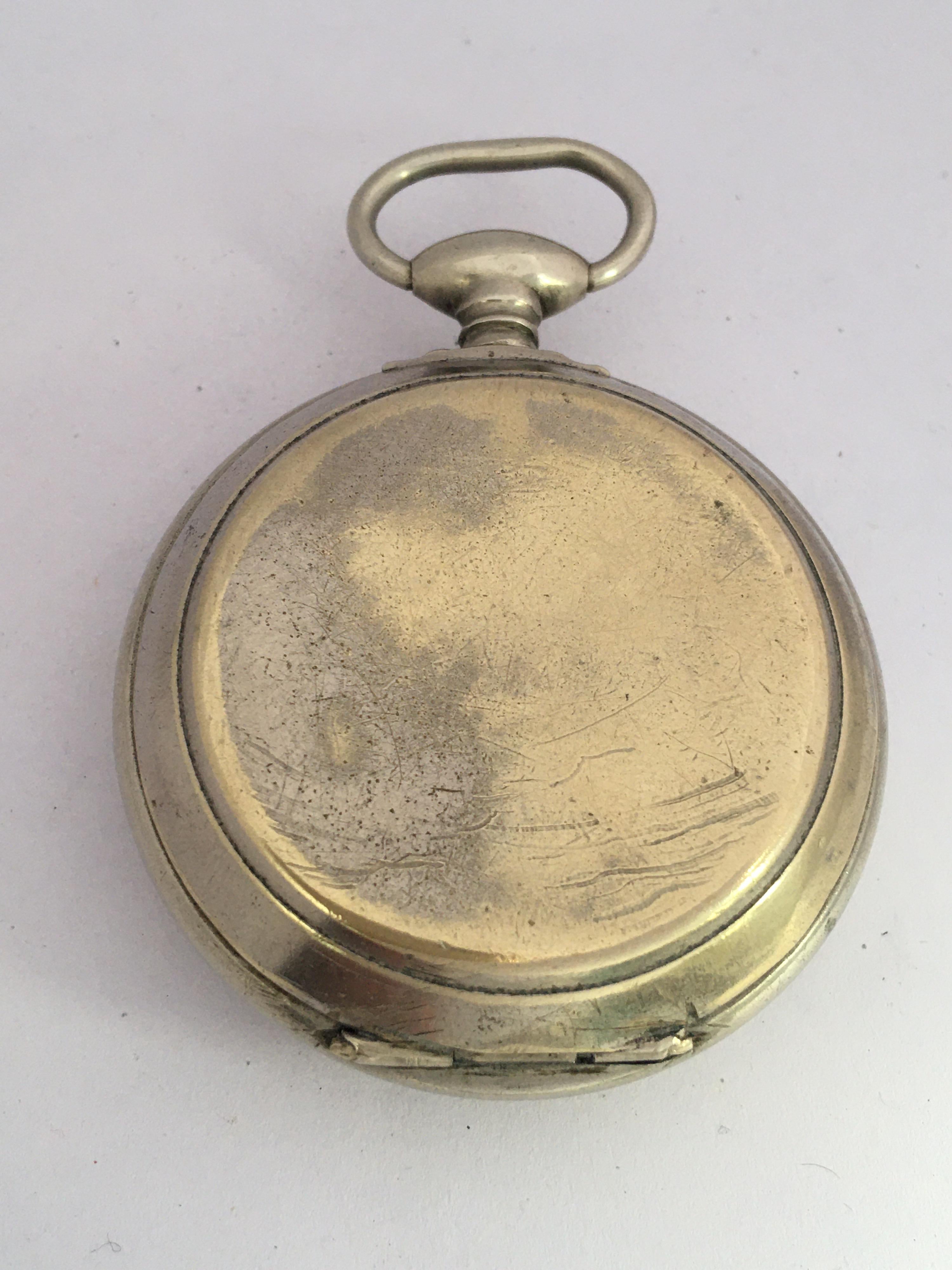 This beautiful antique 49mm diameter key winding pocket watch is in good working condition and it is ticking well. Visible signs of ageing and wear with some scratches on the watch case. There are some tarnish on the back case cover as shown. Please