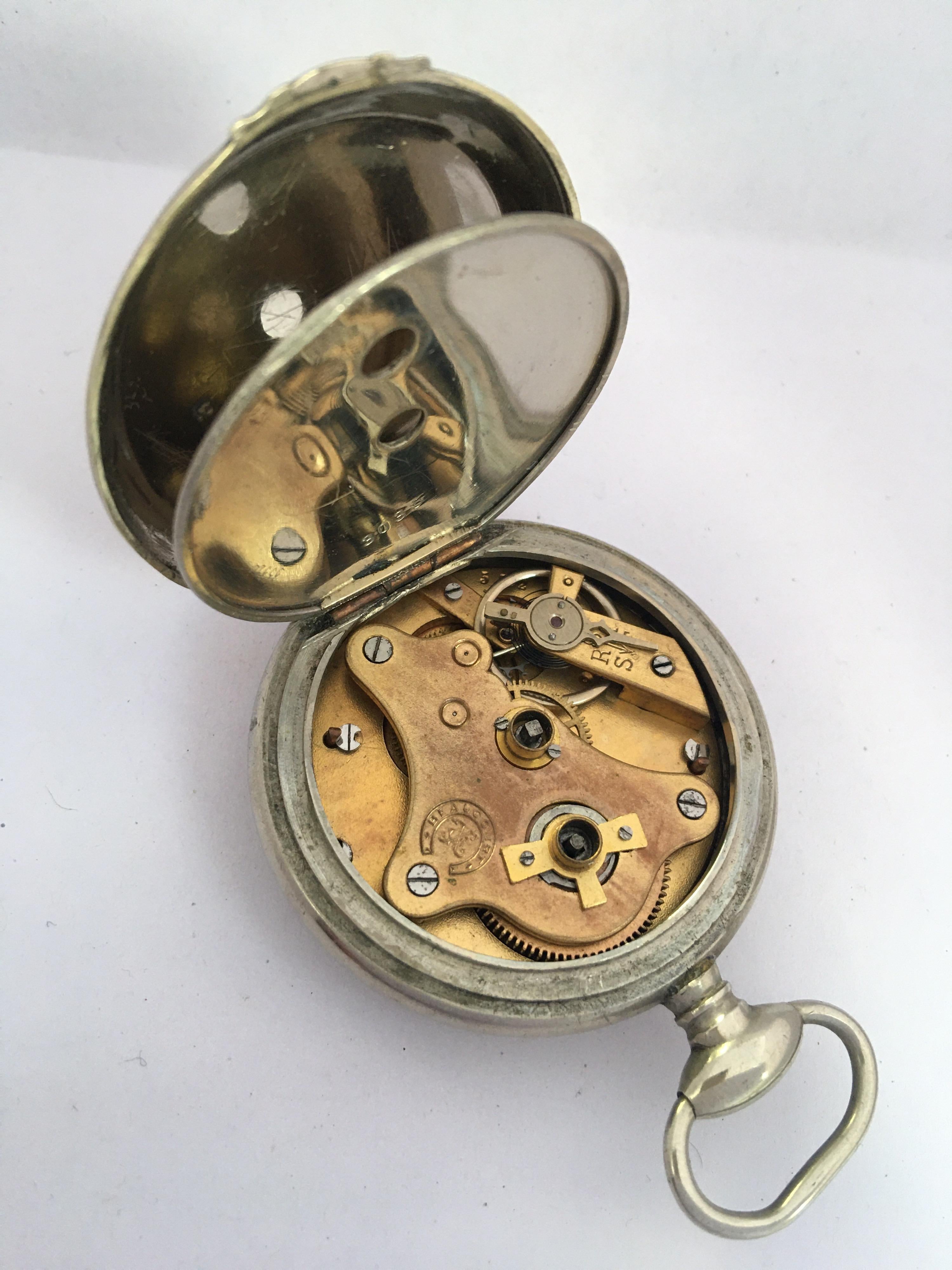 Women's or Men's Antique Silver Plated Key Winding Pocket Watch For Sale