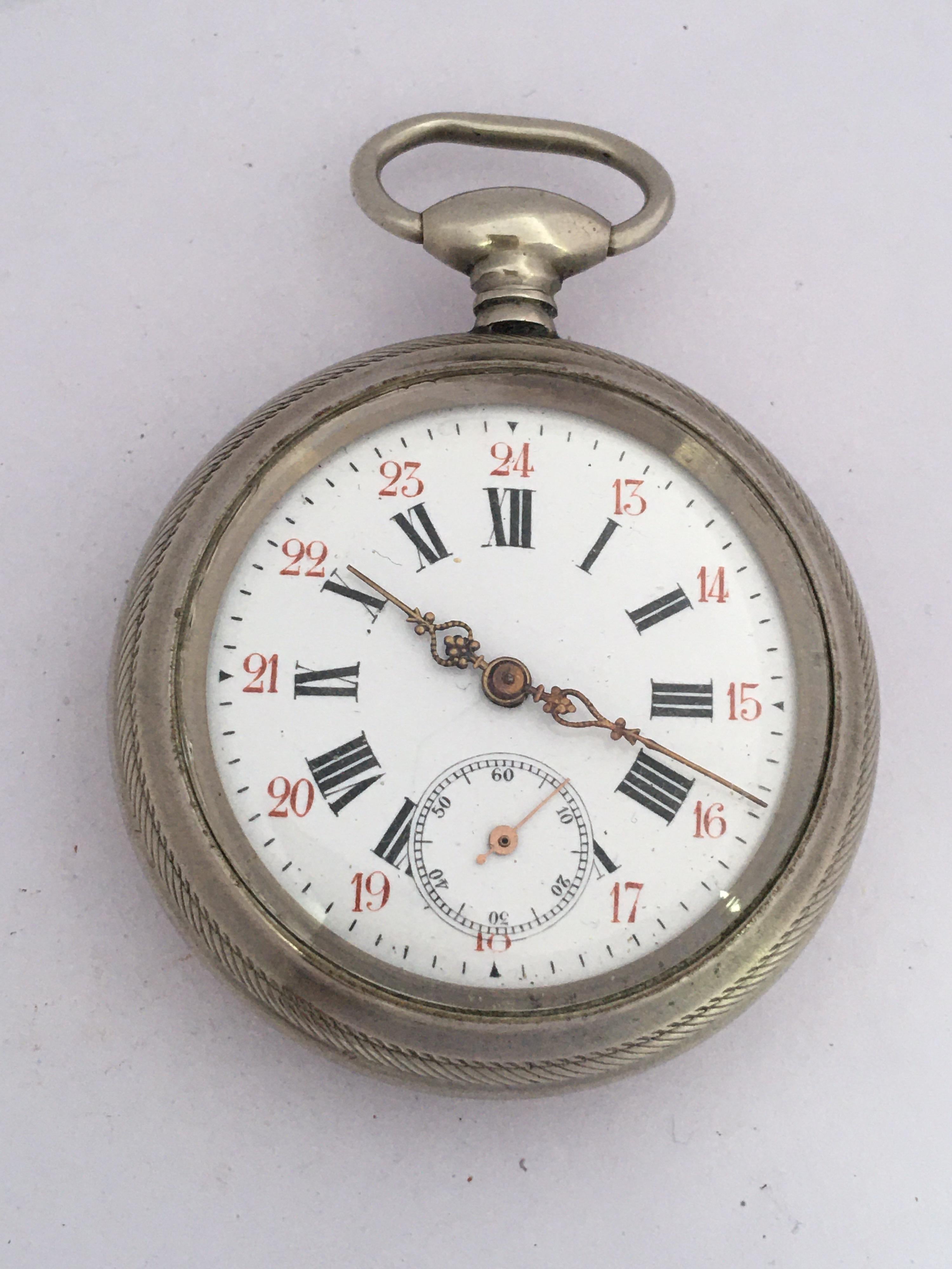 Antique Silver Plated Key Winding Pocket Watch For Sale 4