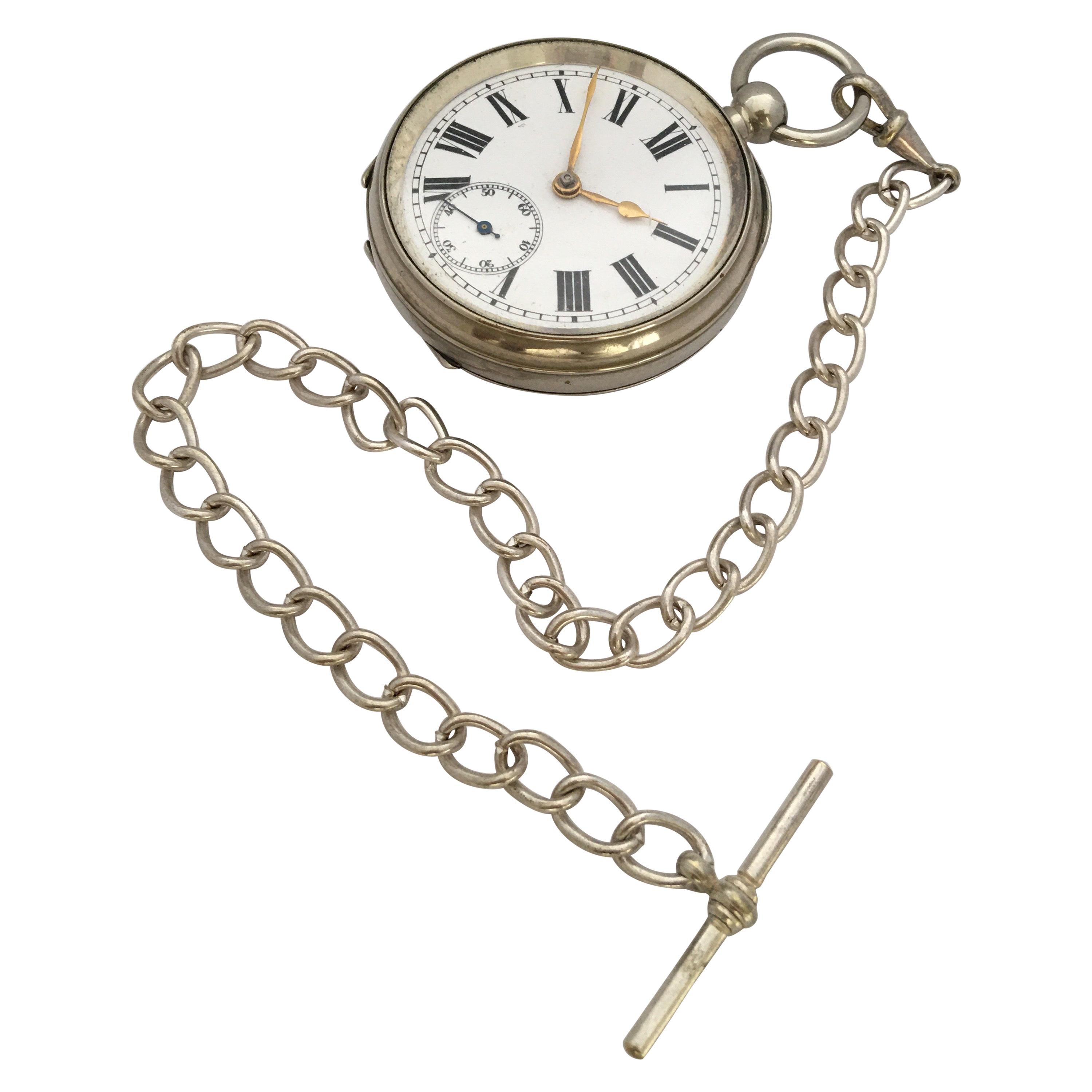 Antique Silver Plated Key-Winding Pocket Watch with a Chain
