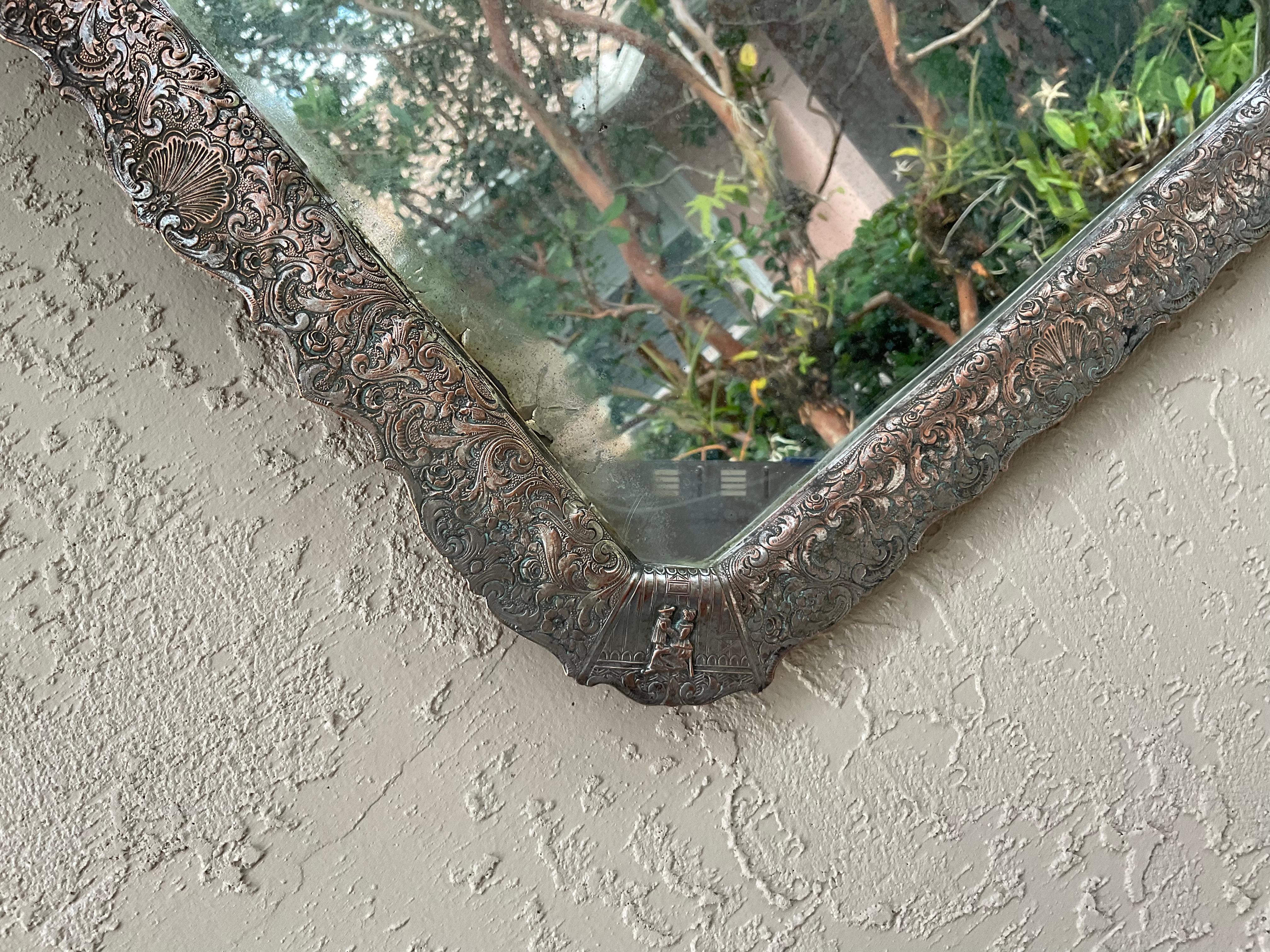 Cuivre Miroir ancien en métal argenté en vente