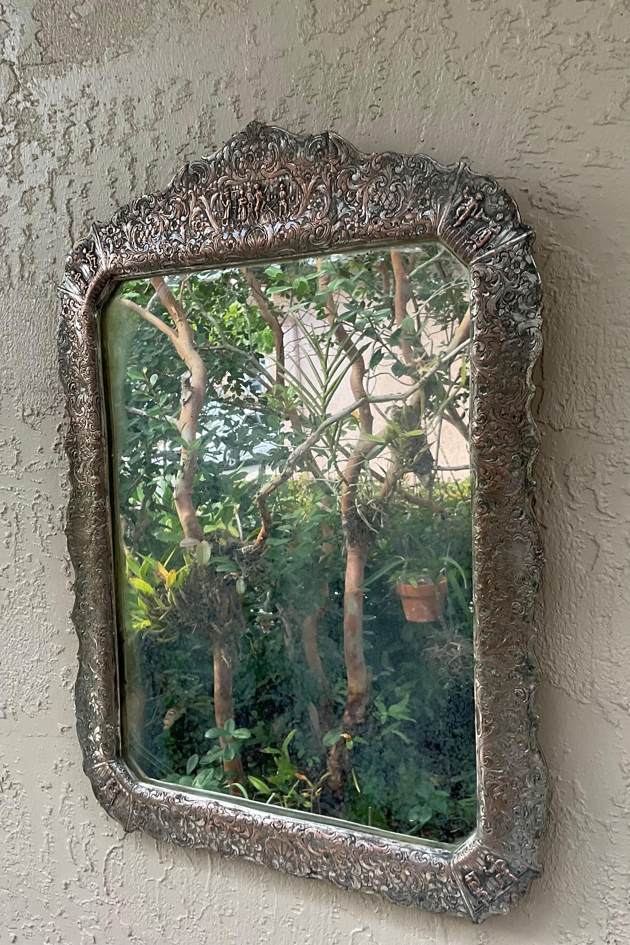 Copper Antique Silver Plated Mirror  For Sale