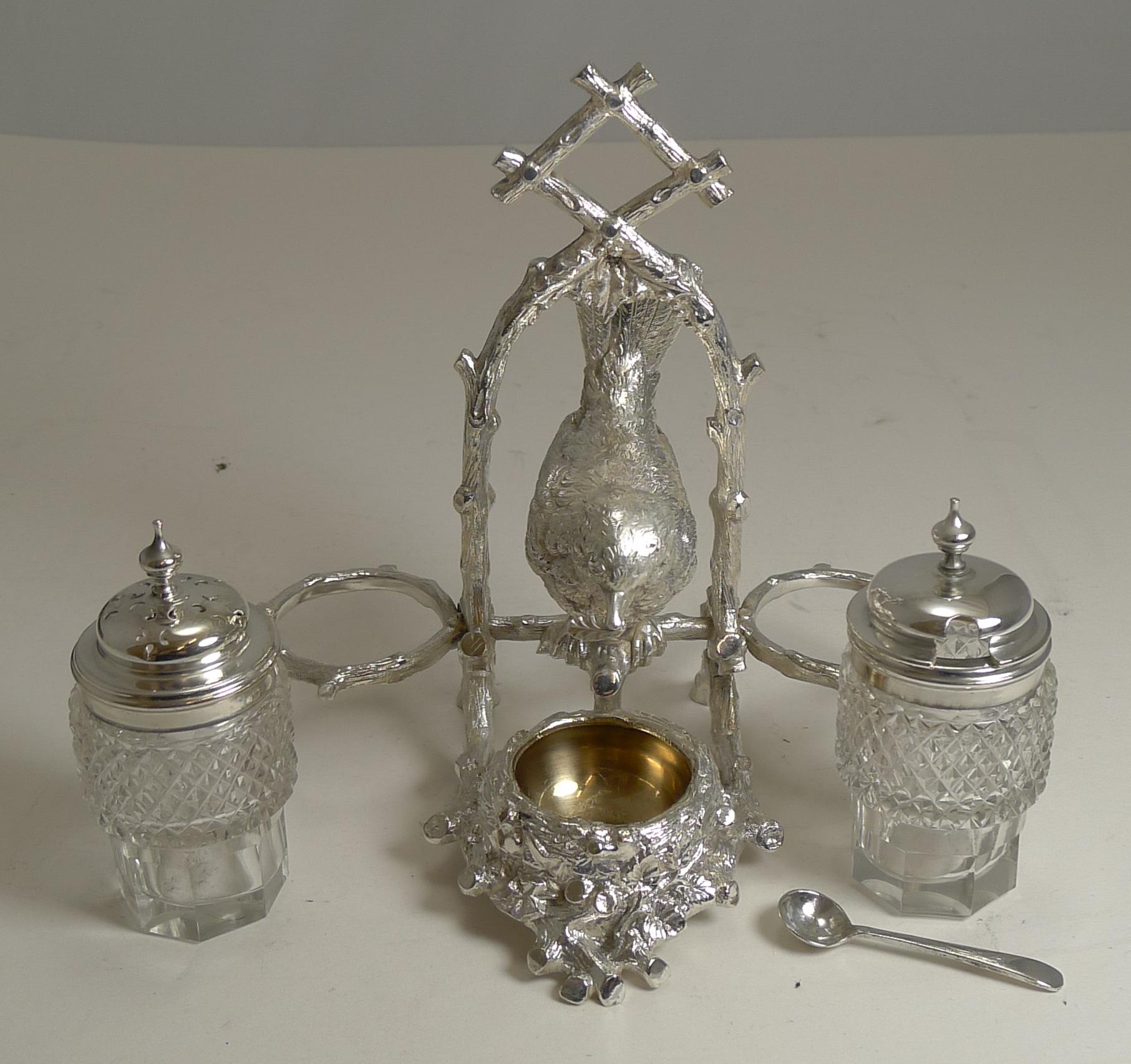 Antique Silver Plated Novelty Cruet, Bird / Wren Building Nest, circa 1880 2