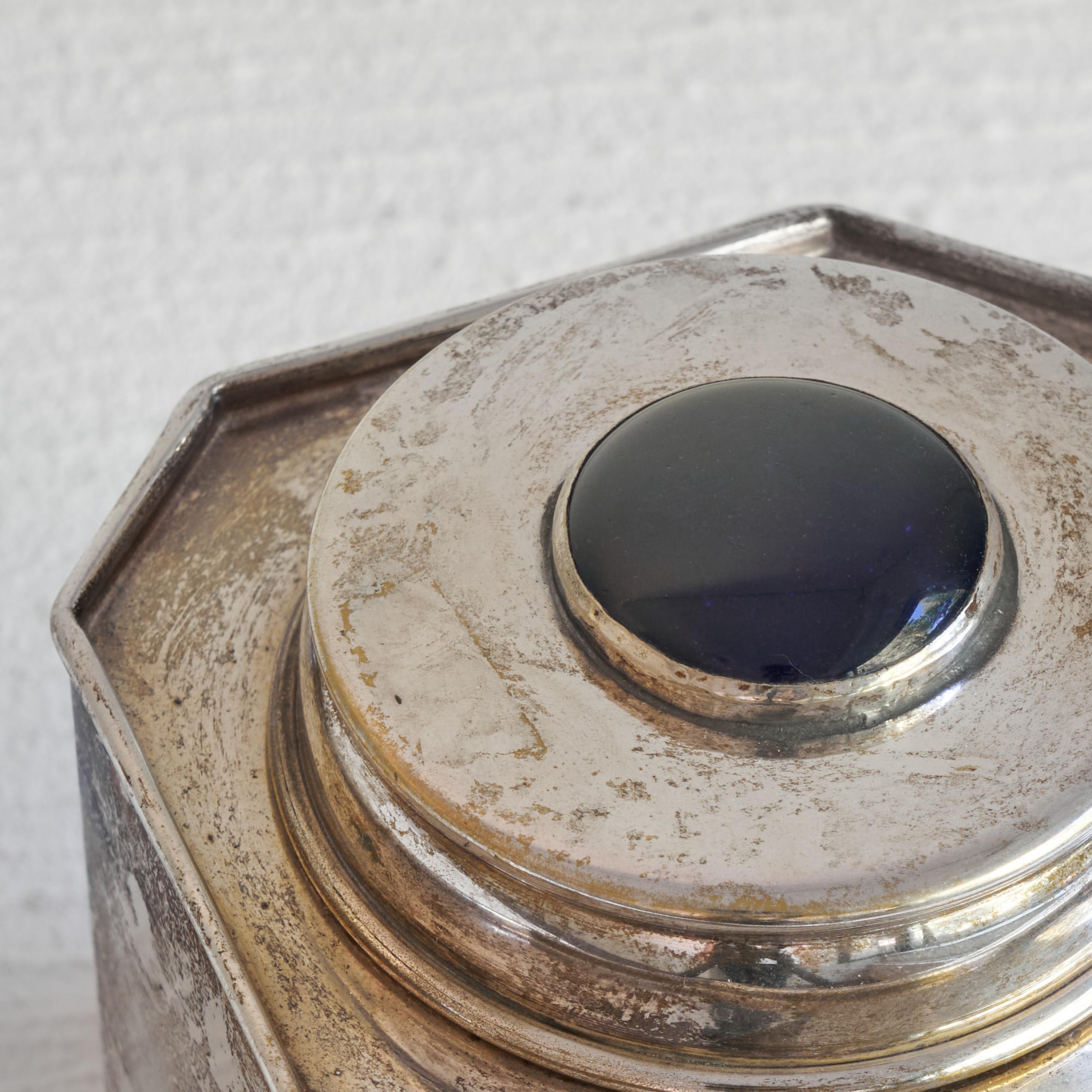 Hand-Crafted Antique Silver Plated Octagonal Tea Caddy with Lapis Lazuli Colored Detail For Sale