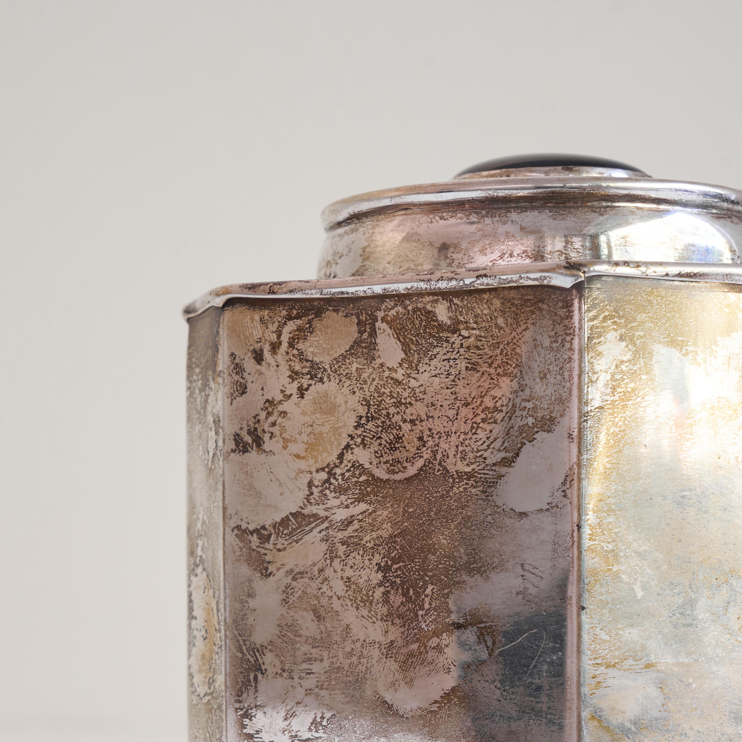 20th Century Antique Silver Plated Octagonal Tea Caddy with Lapis Lazuli Colored Detail For Sale