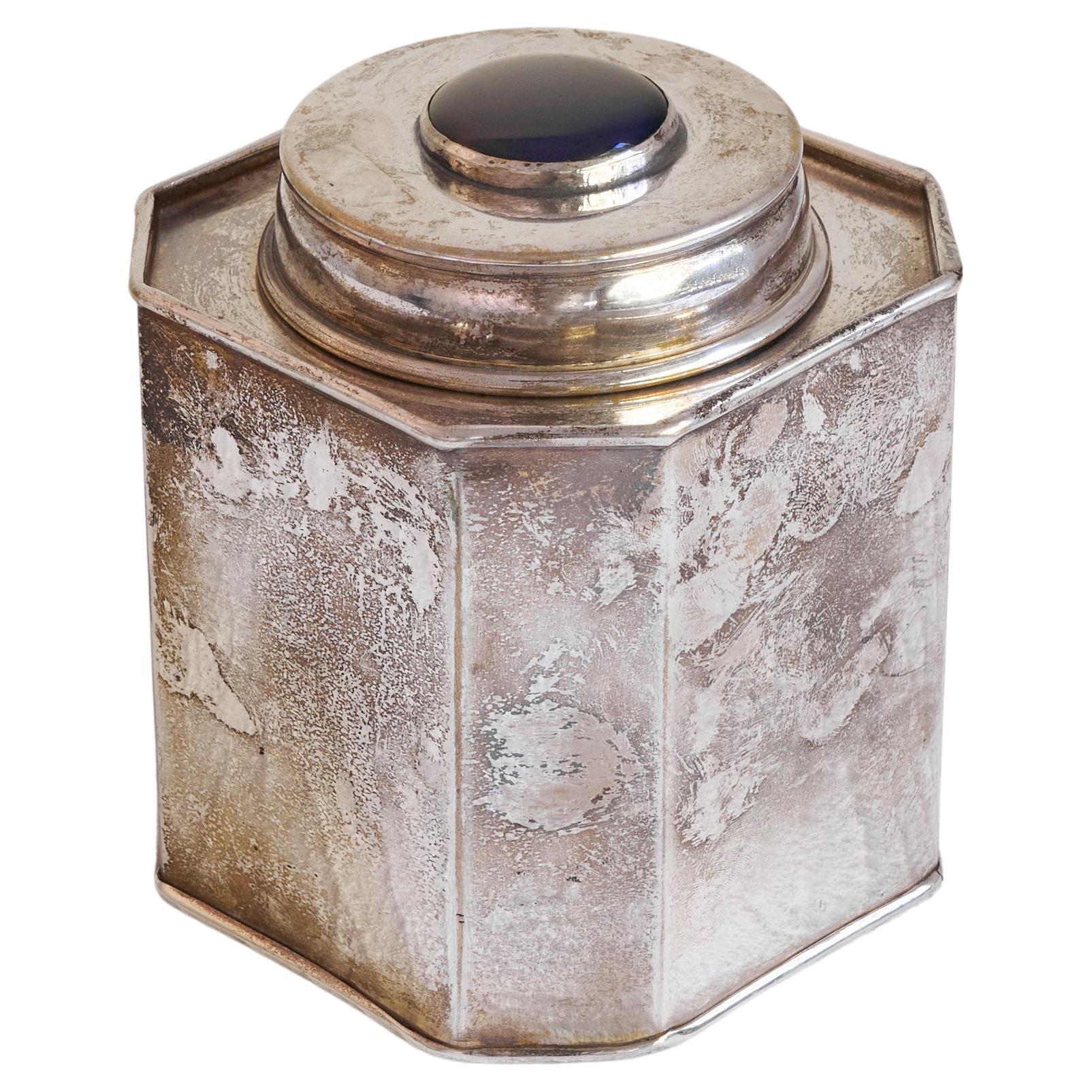 Antique Silver Plated Octagonal Tea Caddy with Lapis Lazuli Colored Detail