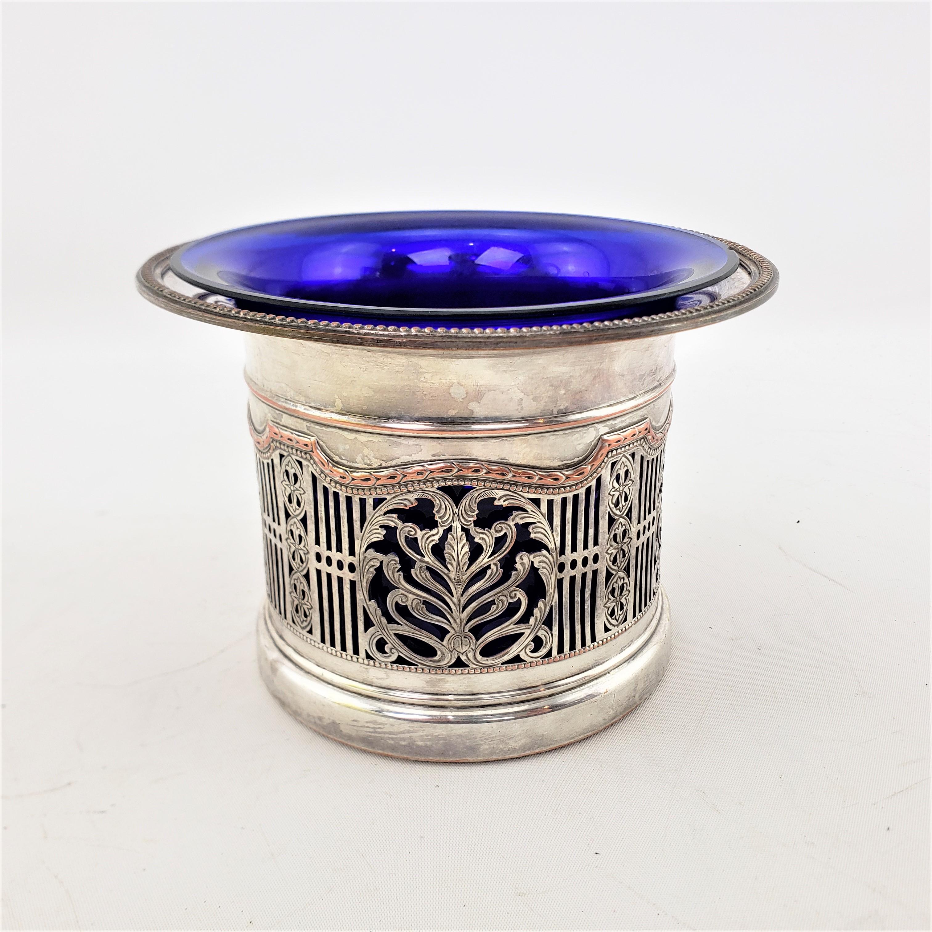 Art Nouveau Antique Silver Plated Pierced Bottle Coaster or Chiller with a Cobalt Liner For Sale