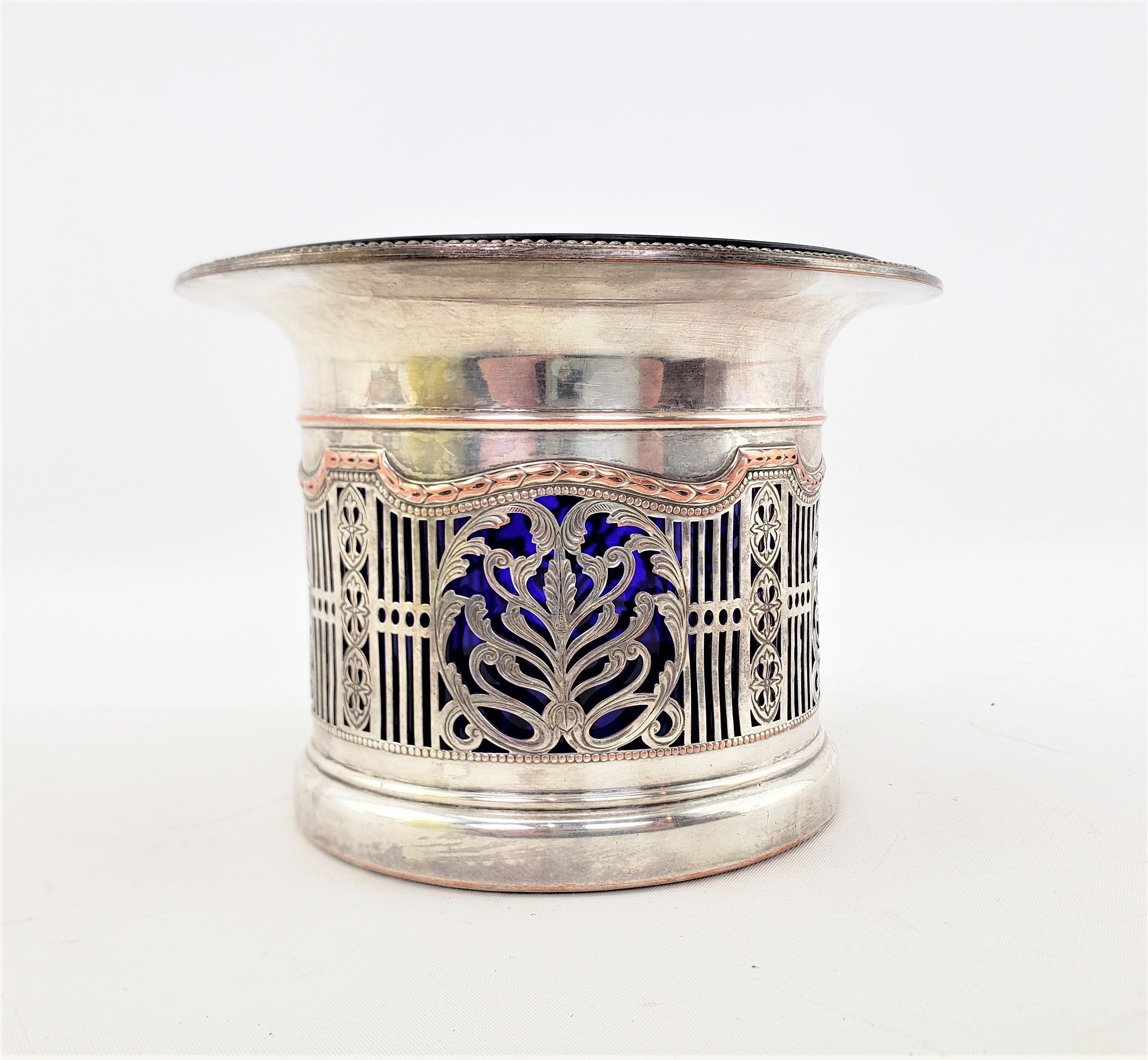 English Antique Silver Plated Pierced Bottle Coaster or Chiller with a Cobalt Liner For Sale