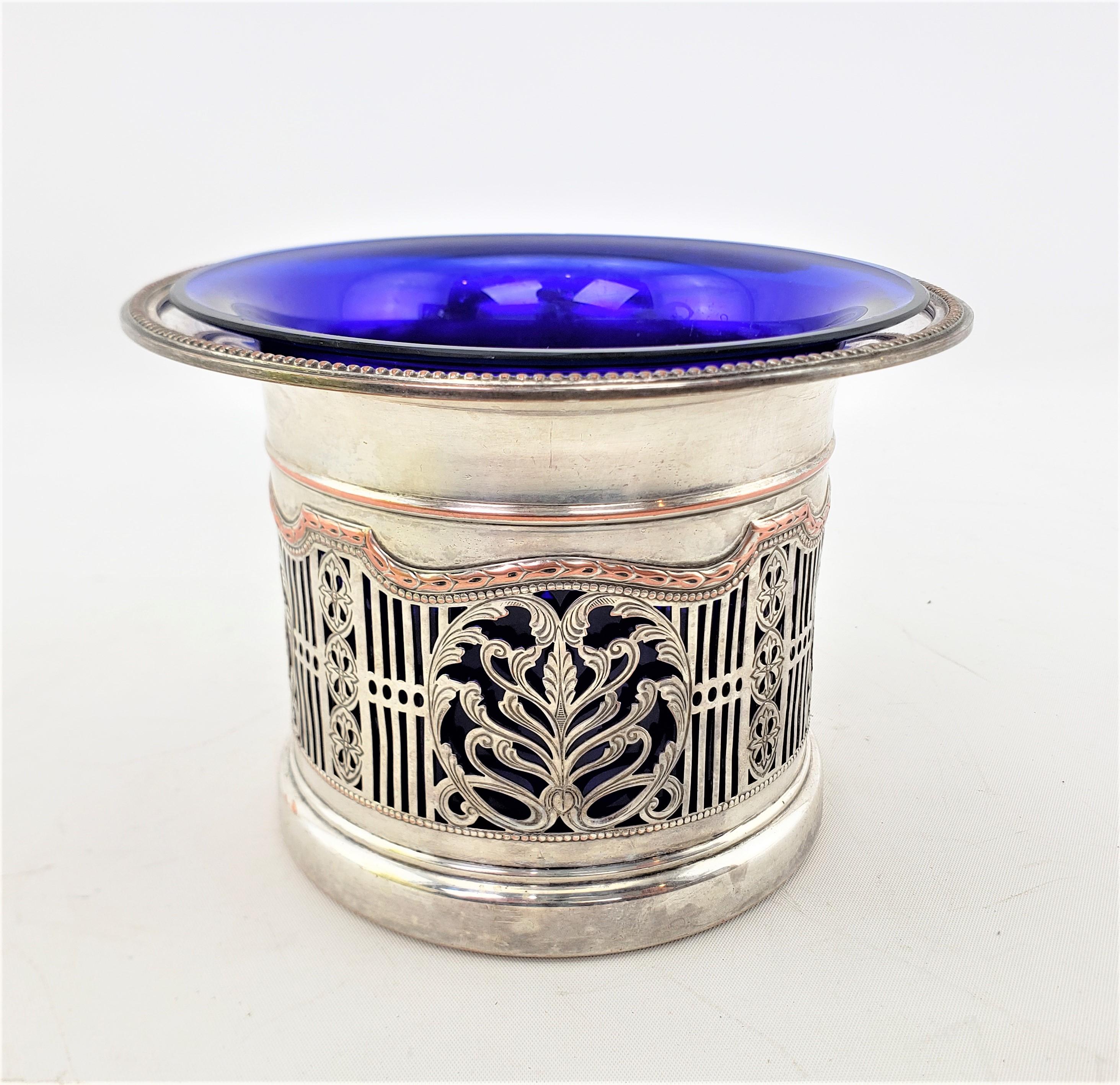 Machine-Made Antique Silver Plated Pierced Bottle Coaster or Chiller with a Cobalt Liner For Sale