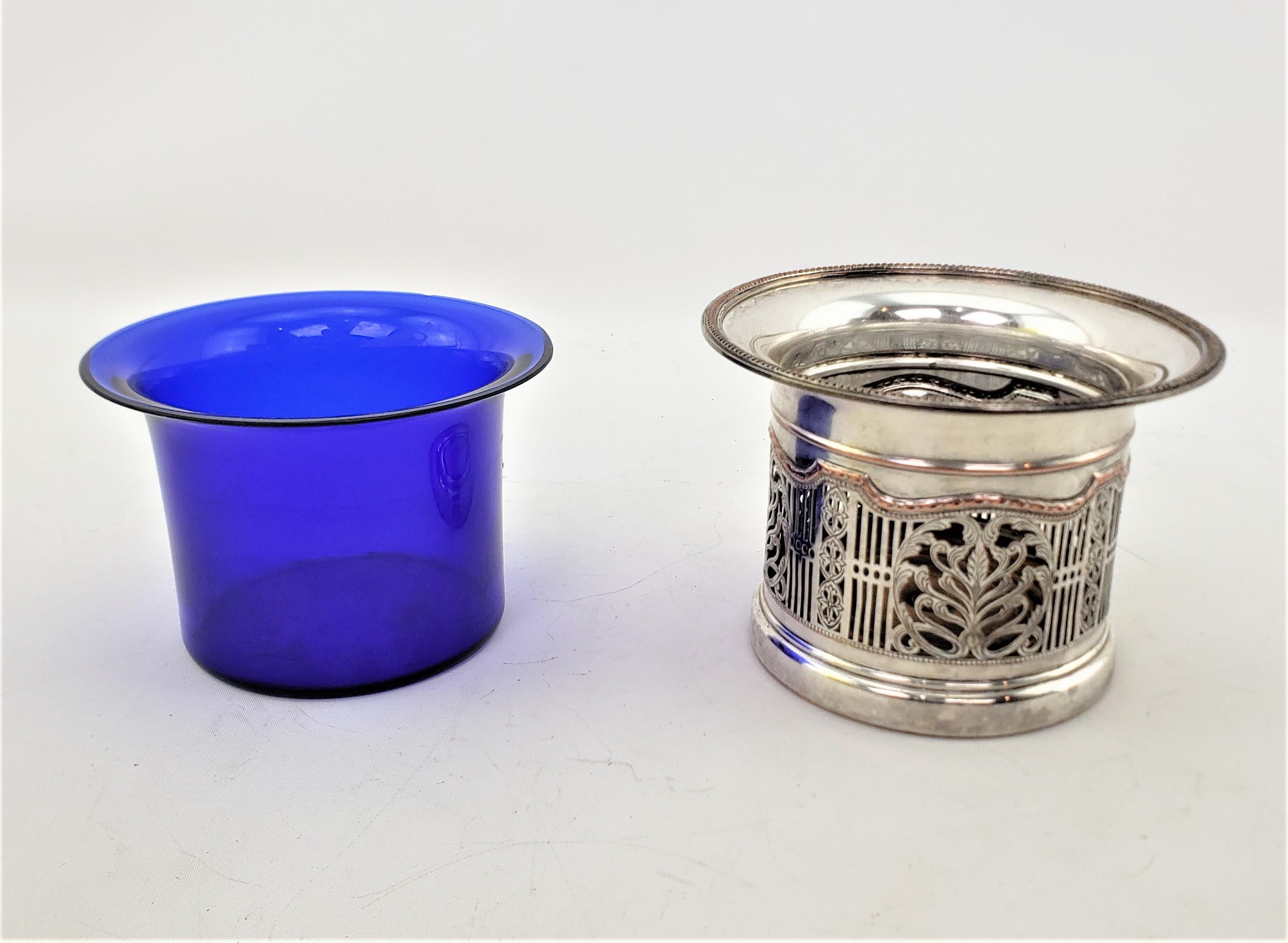 Antique Silver Plated Pierced Bottle Coaster or Chiller with a Cobalt Liner In Good Condition For Sale In Hamilton, Ontario