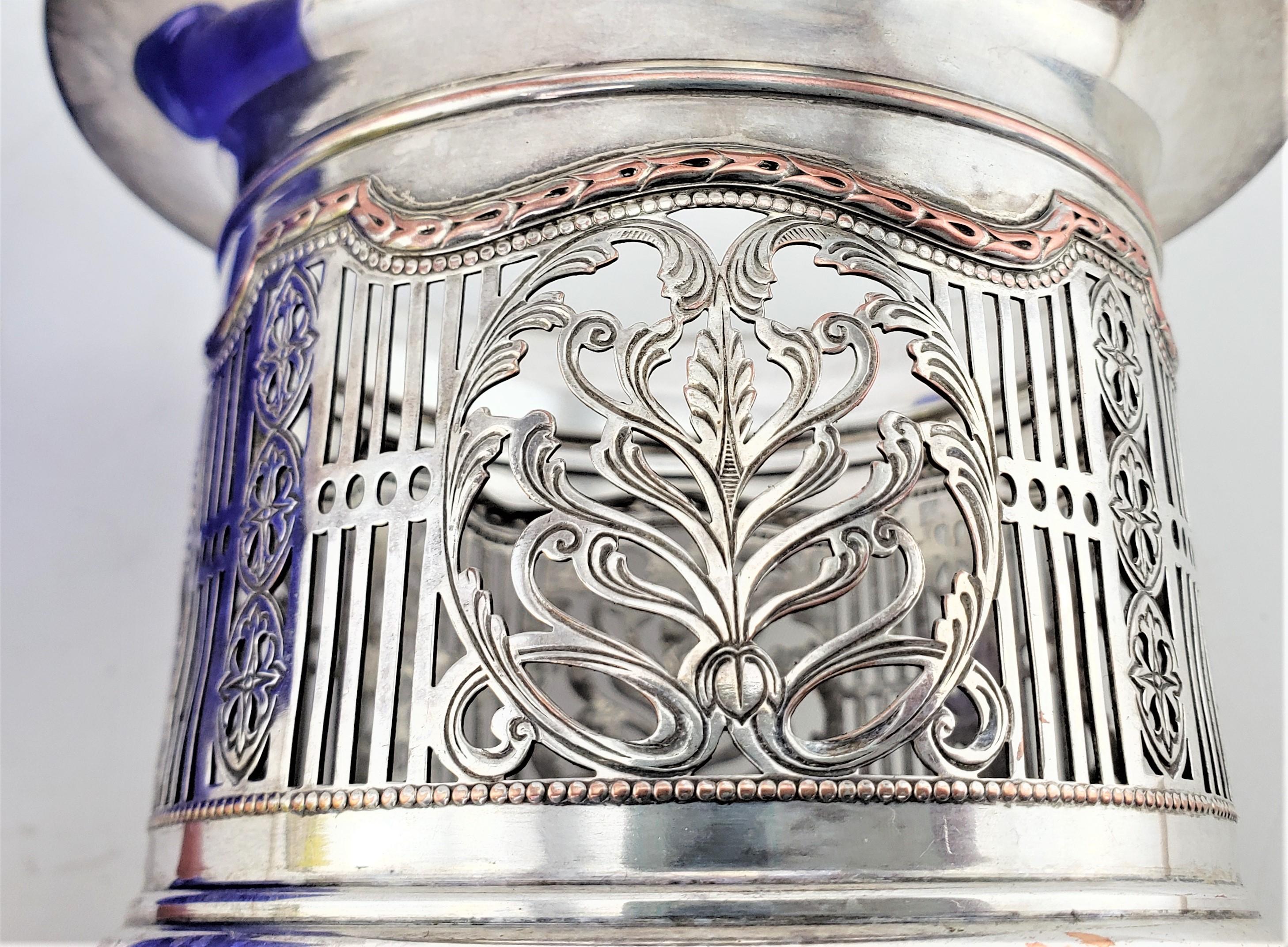 Antique Silver Plated Pierced Bottle Coaster or Chiller with a Cobalt Liner For Sale 2