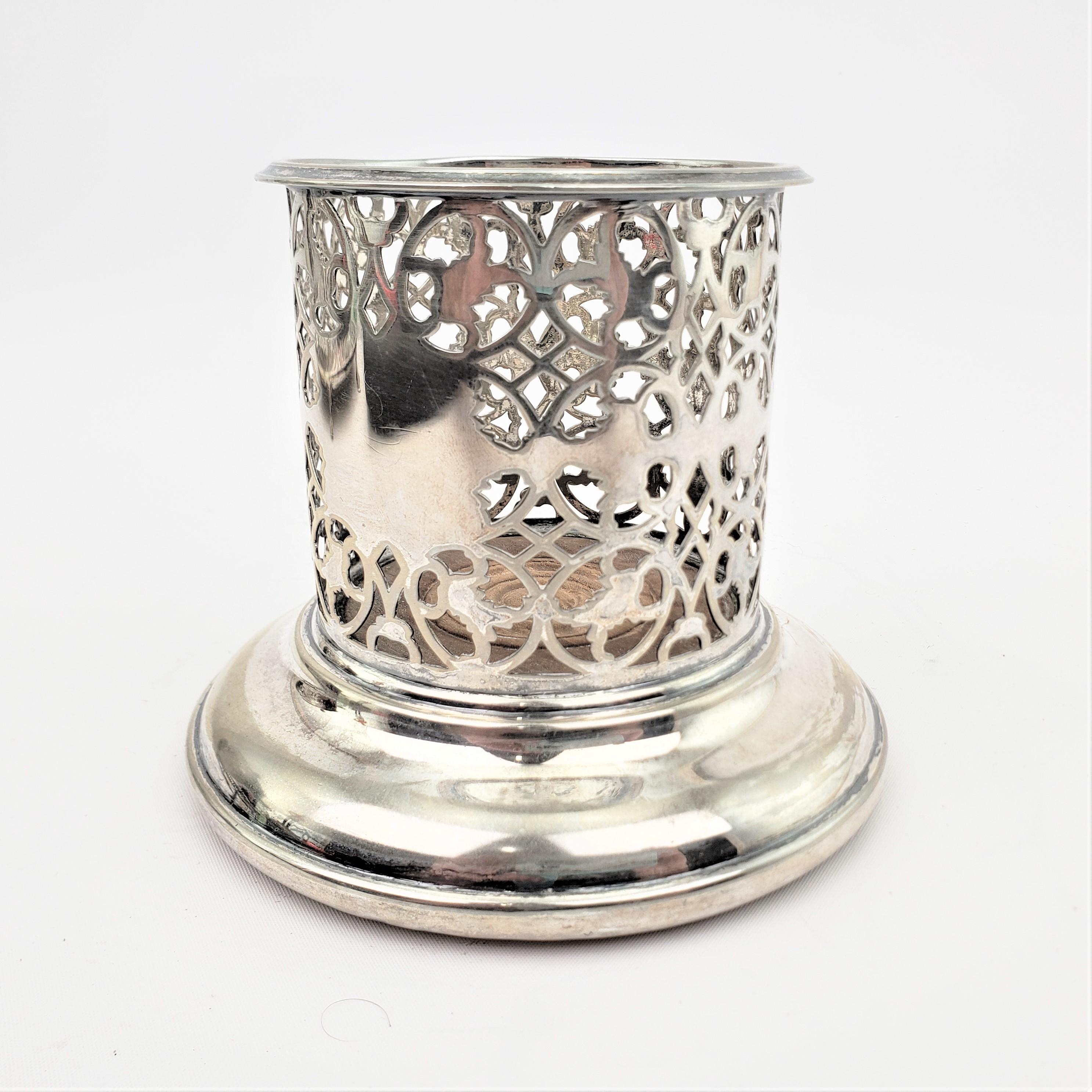 English Antique Silver Plated Pierced Wine Bottle Coaster with Turned Wooden Base