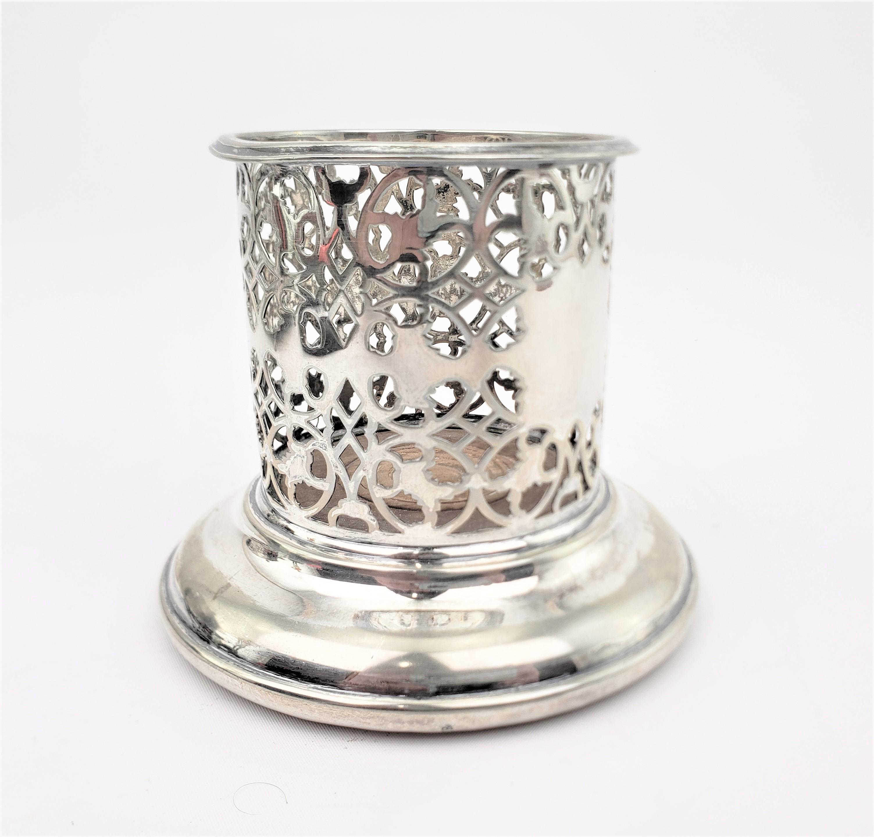 Machine-Made Antique Silver Plated Pierced Wine Bottle Coaster with Turned Wooden Base