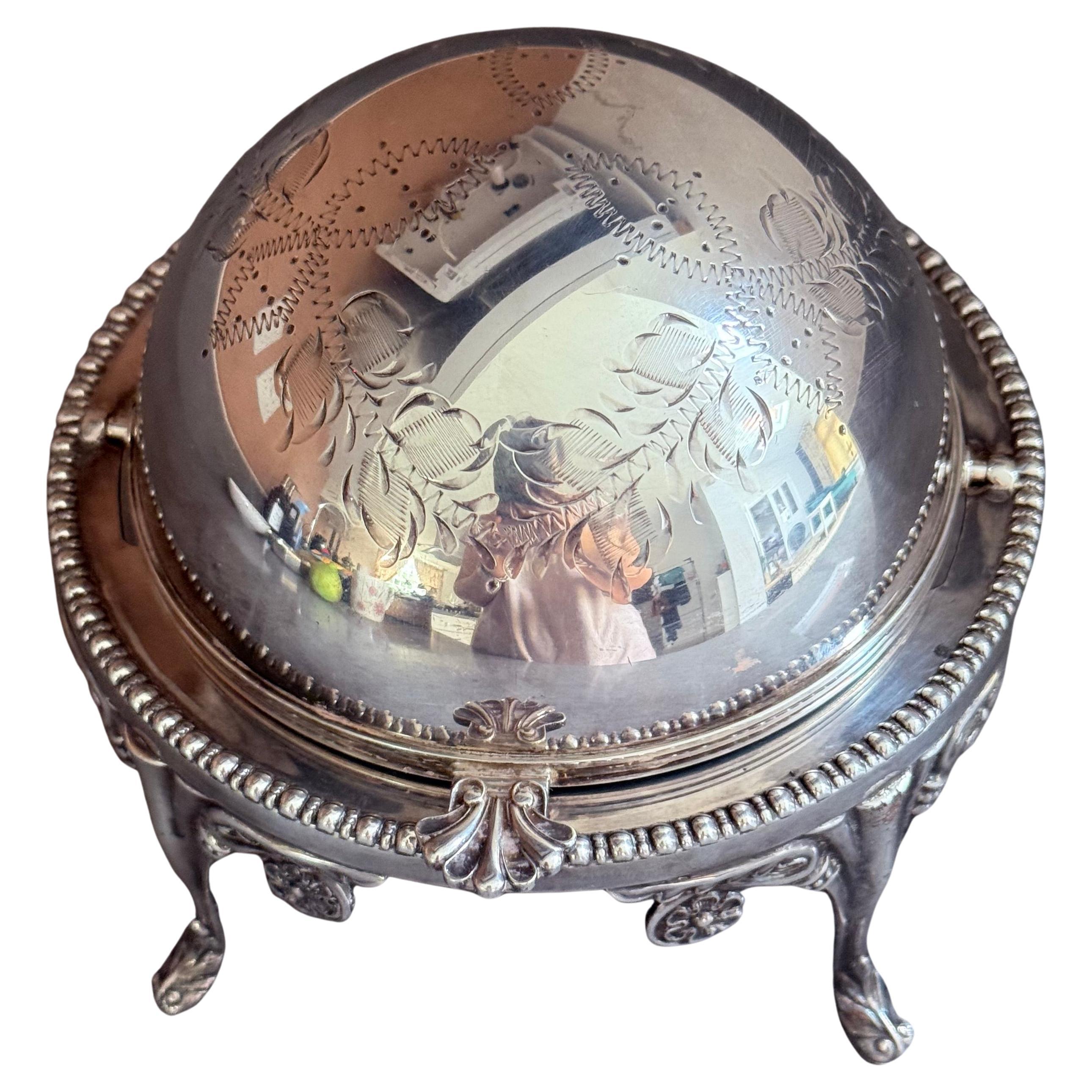 Eine elegante, antike, versilberte Servierplatte mit drehbarem Kuppeldeckel, die auf einem verschnörkelten Ständer mit feinem Blumen- und Rankenwerkdekor steht. Das Stück steht auf stilisierten Pfotenfüßen, die ihm Präsenz und Stabilität verleihen,