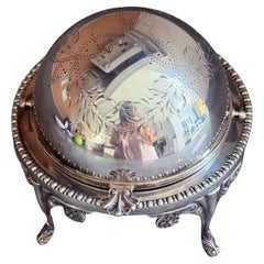 Antique Silver-Plated Revolving Dome Caviar or Butter Dish on Ornate Box