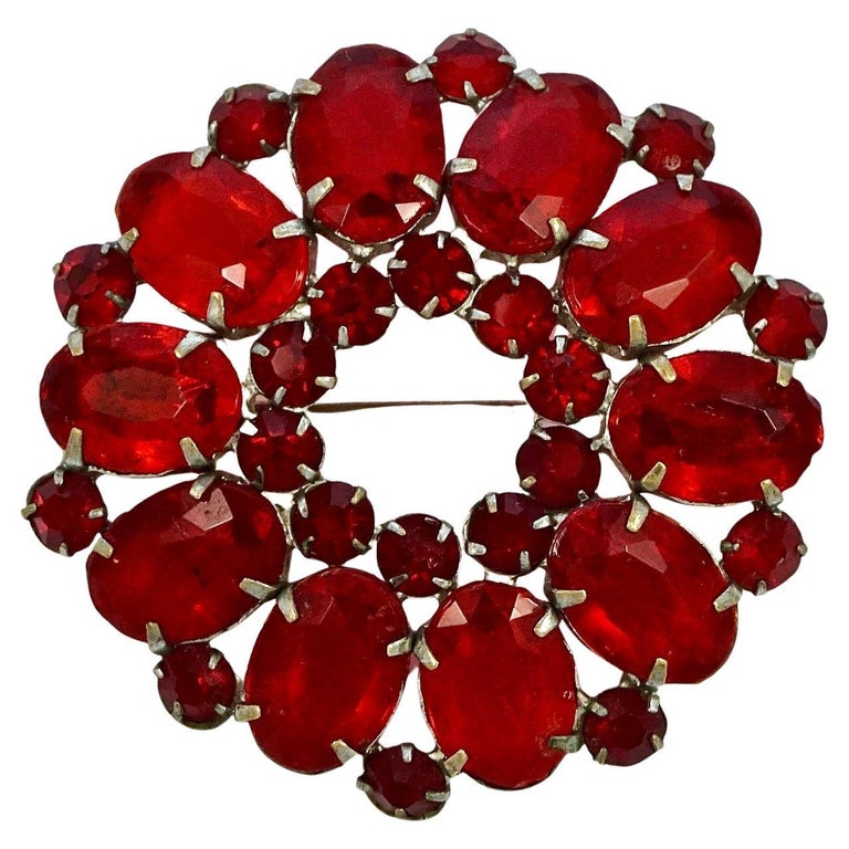 Antique Silver Plated Round Brooch with Faceted Red Glass Stones For