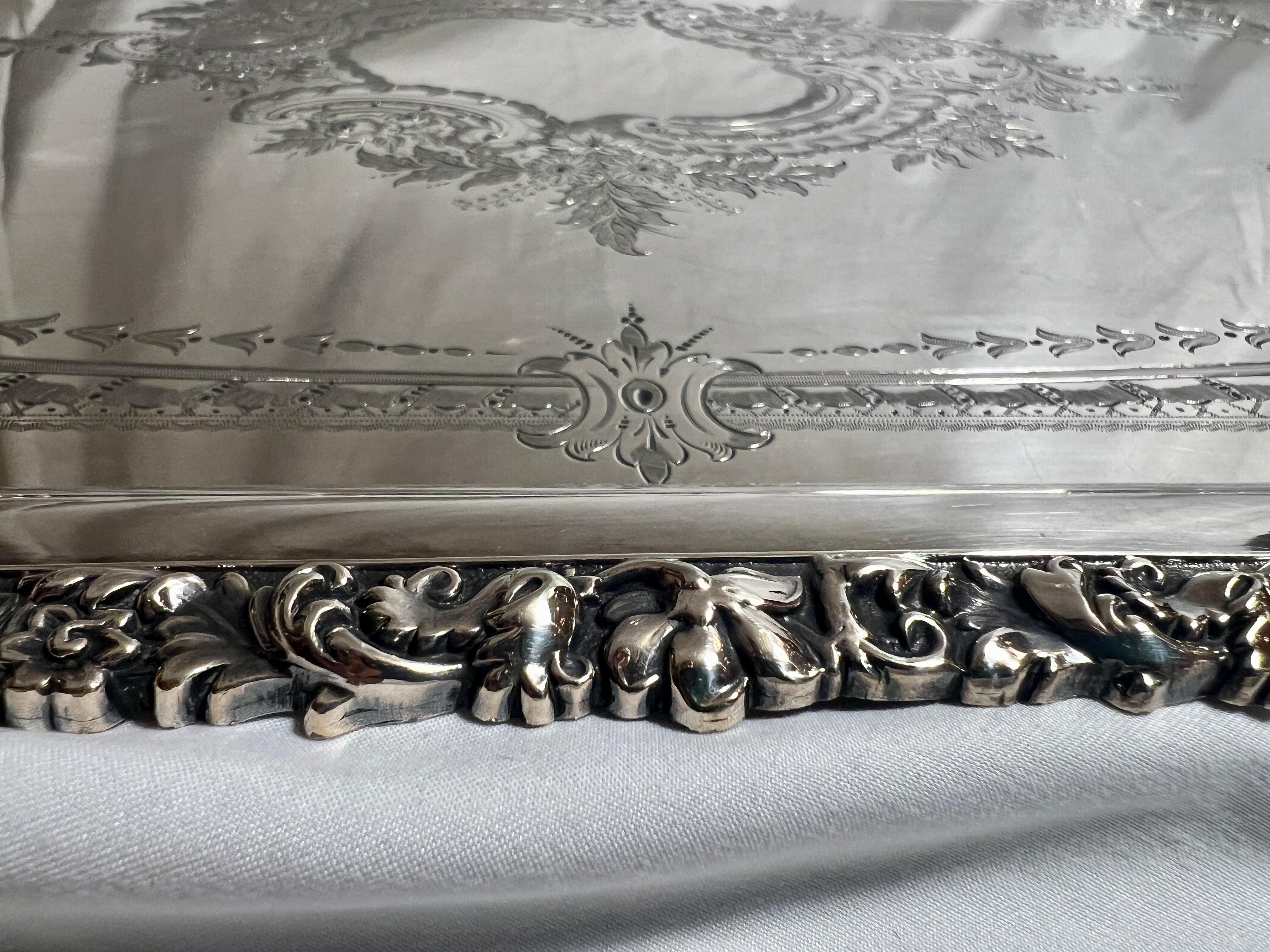 Antique Silver Plated Service Tray with Engraving and Rolled Border, Circa 1890. In Good Condition For Sale In New Orleans, LA