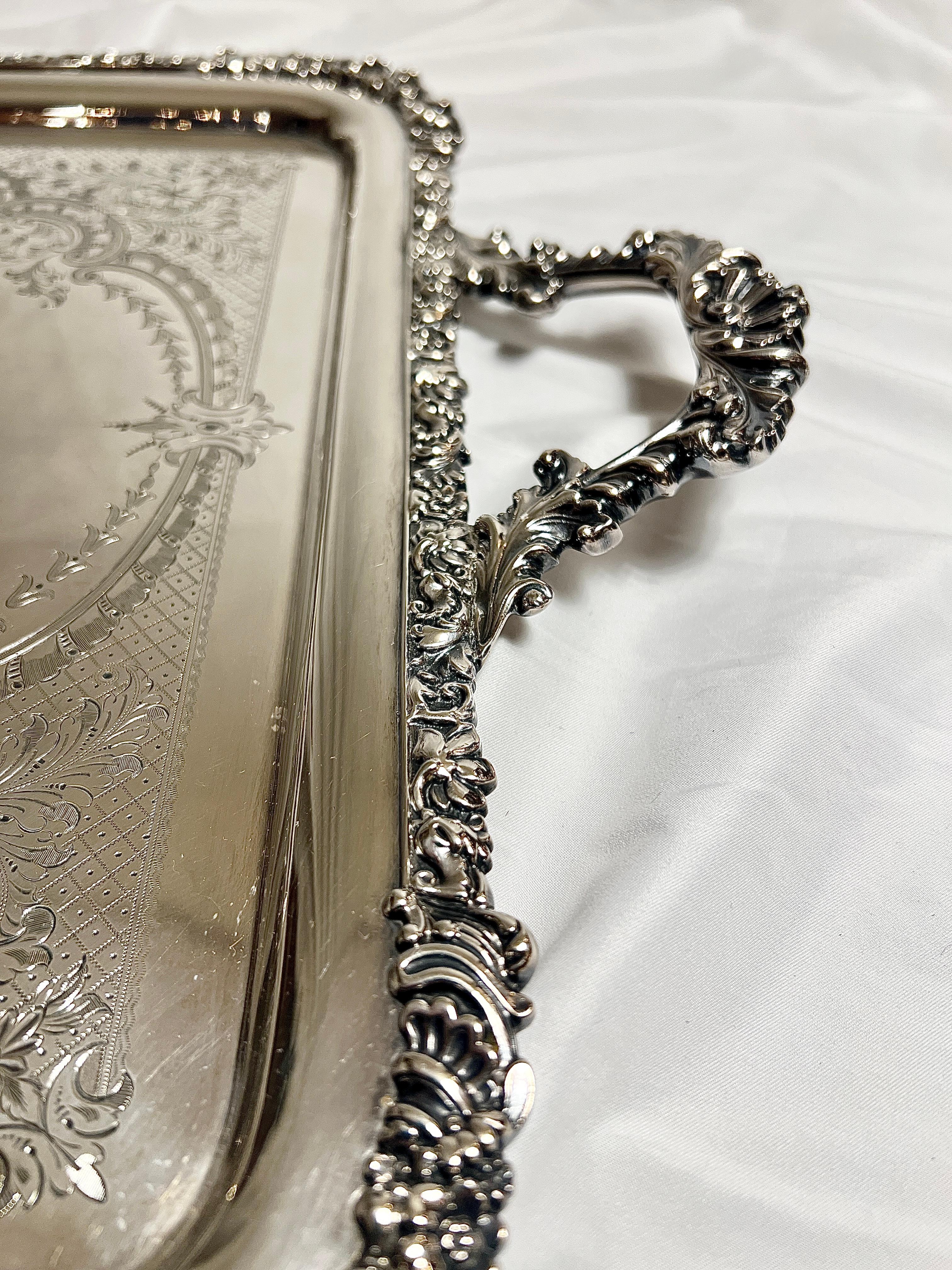 19th Century Antique Silver Plated Service Tray with Engraving and Rolled Border, Circa 1890. For Sale